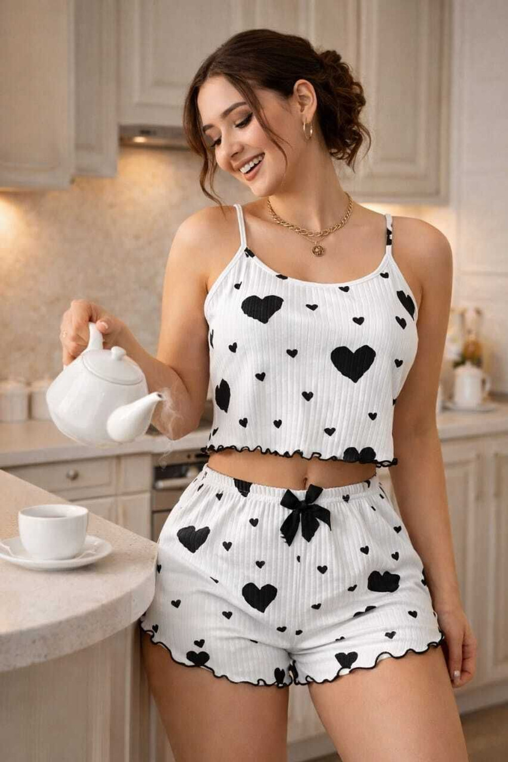 Image of RAMYAPOOJA Women Graphic Print Black, White Night Suit Set