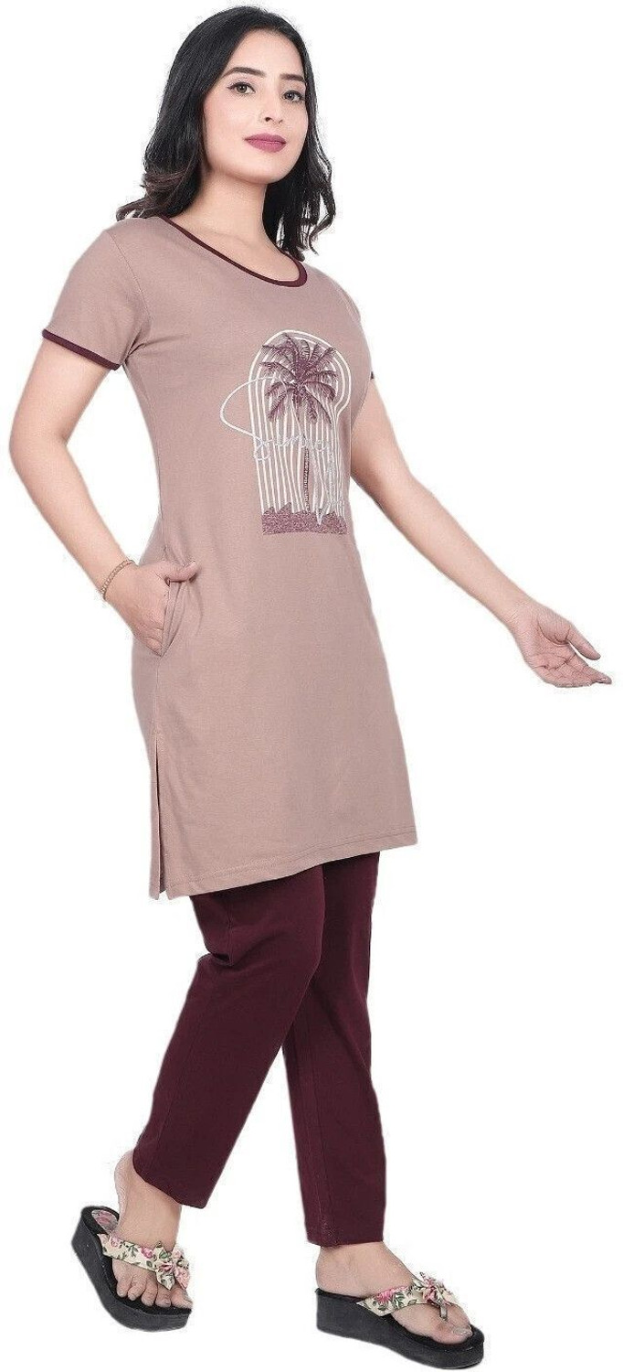 Image of Clint Women Graphic Print Brown Top & Pyjama Set