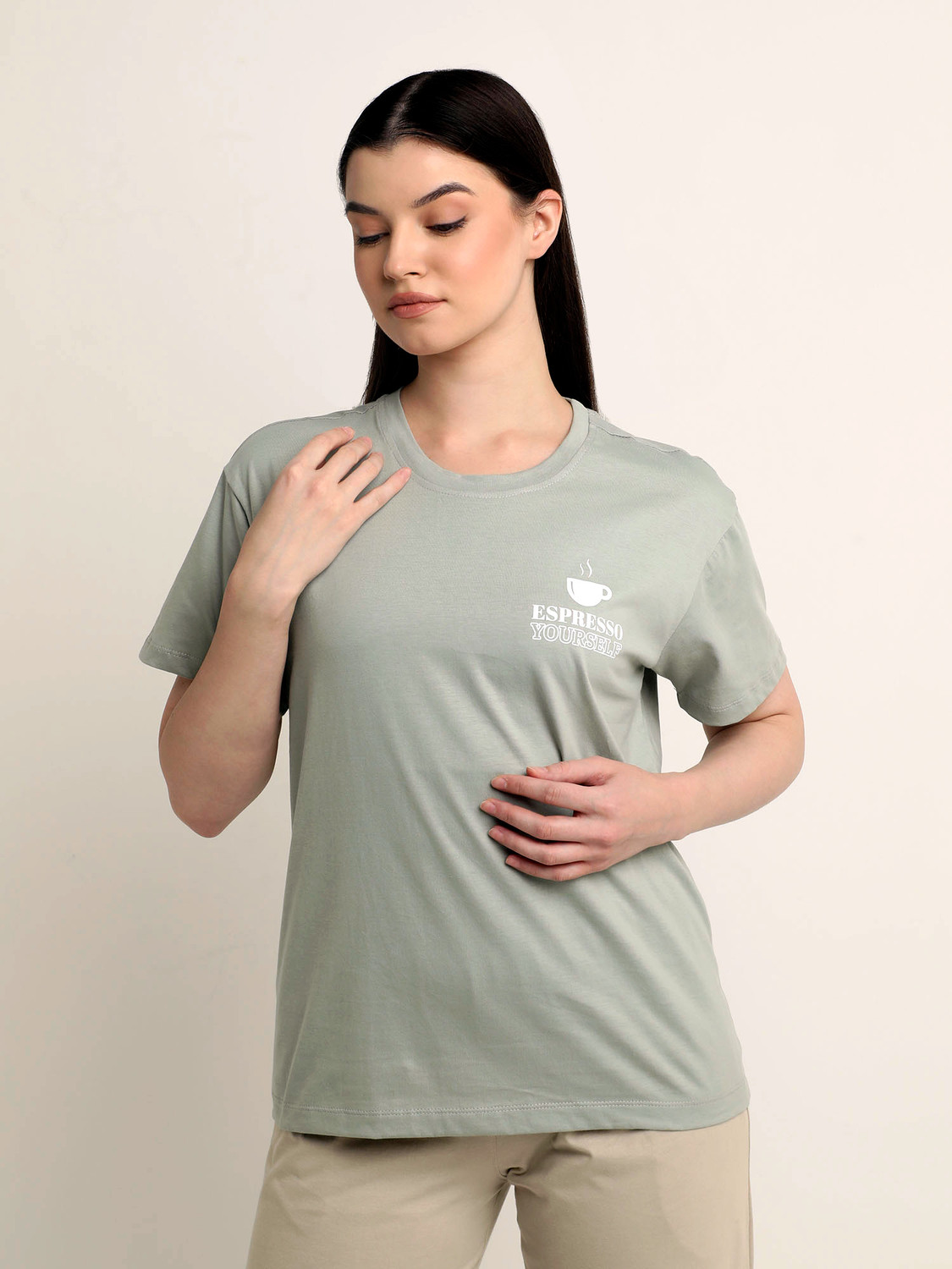 Image of Yoroko Women Solid Beige Top & Pyjama Set