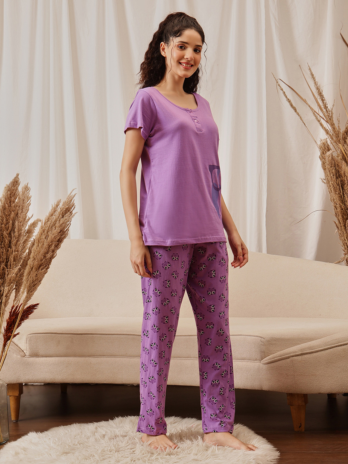 Image of Clovia Women Printed Purple Top & Pyjama Set