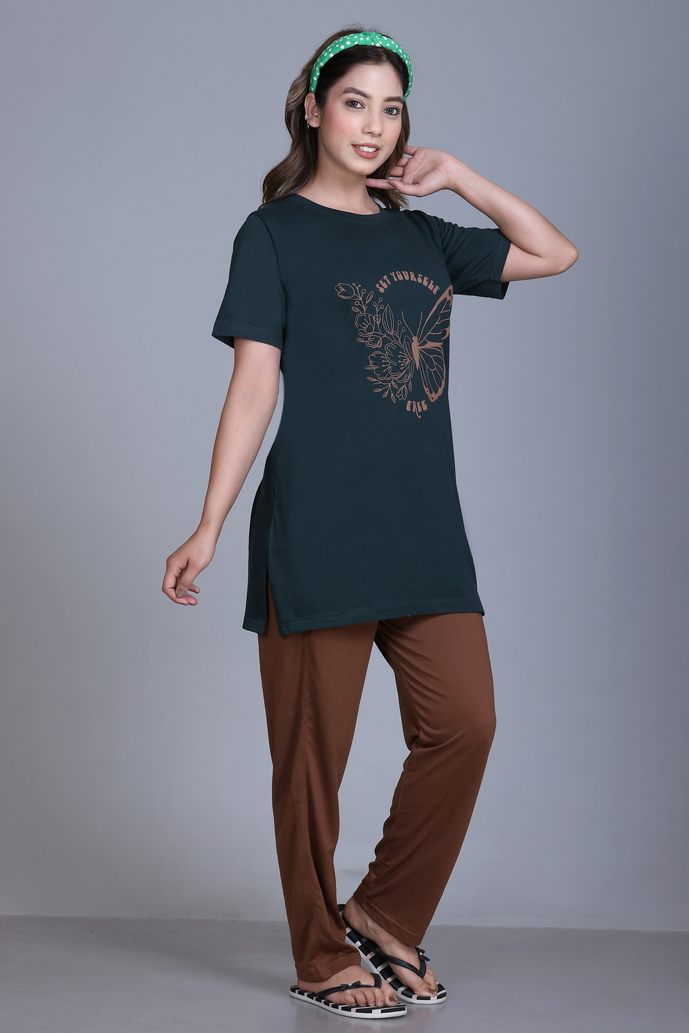 Image of Slobros Women Printed Dark Green, Brown Night Suit Set