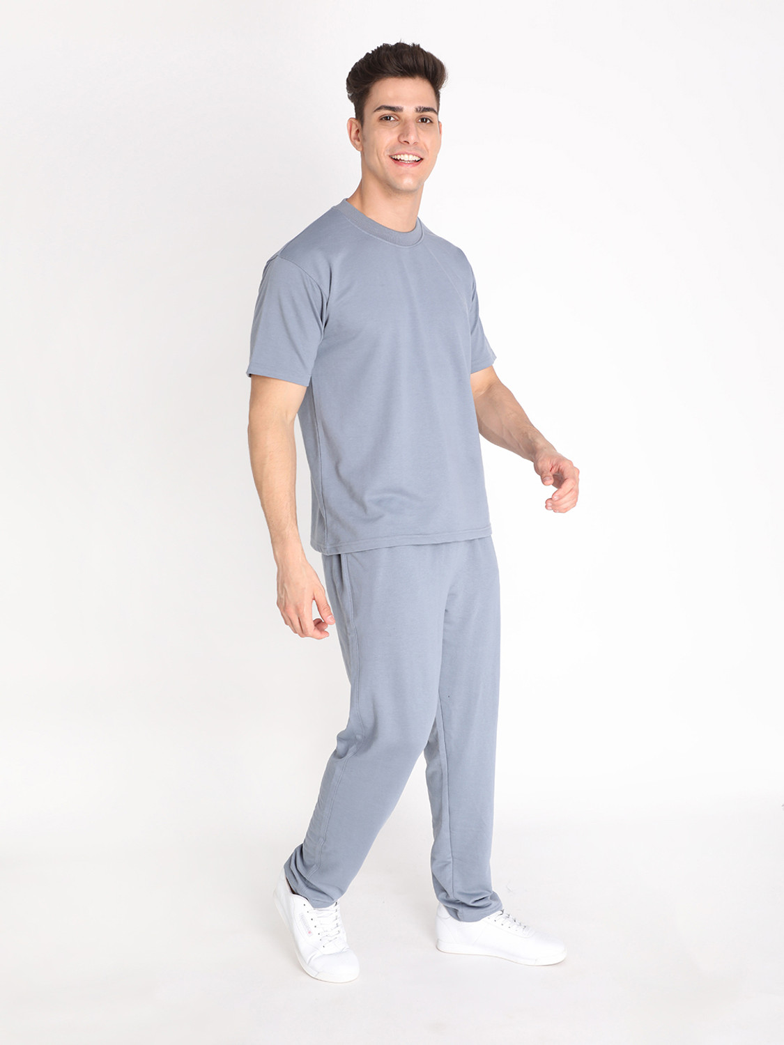 Image of CHKOKKO Men Solid Grey Top & Pyjama Set