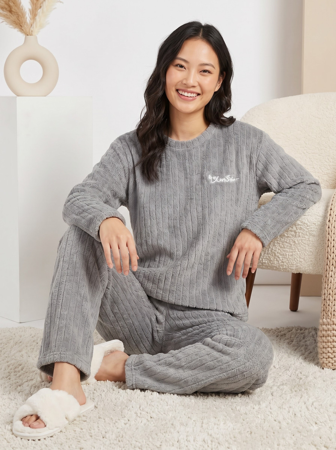 Image of Lugo Women Self Design Grey Night Suit Set