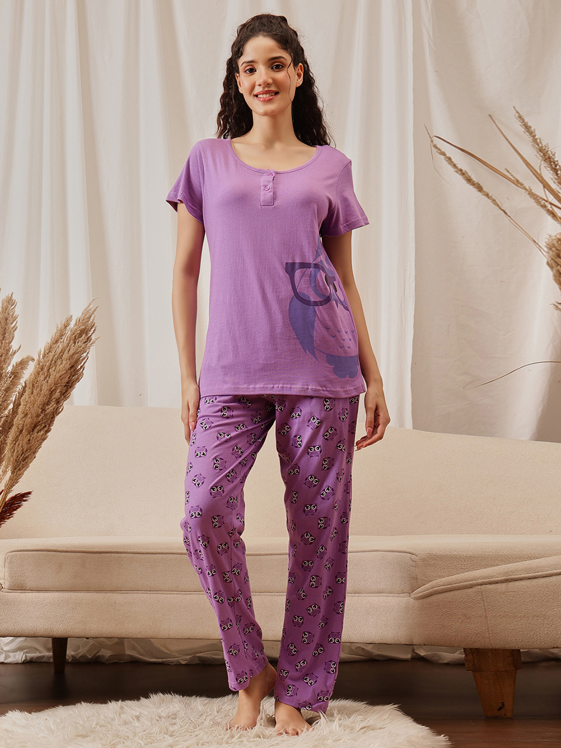 Image of Clovia Women Printed Purple Top & Pyjama Set