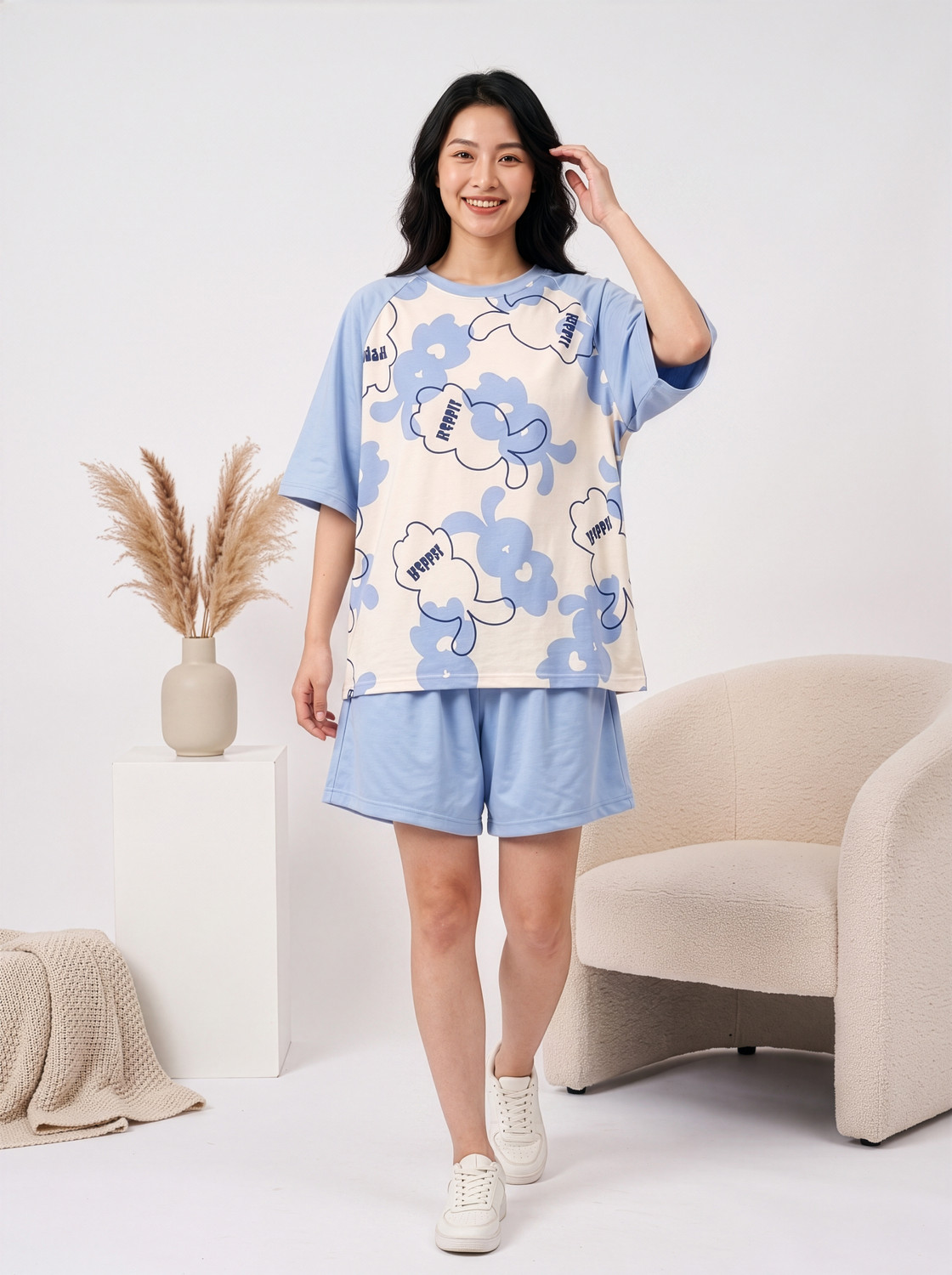 Image of Lugo Women Printed Blue Top & Shorts Set