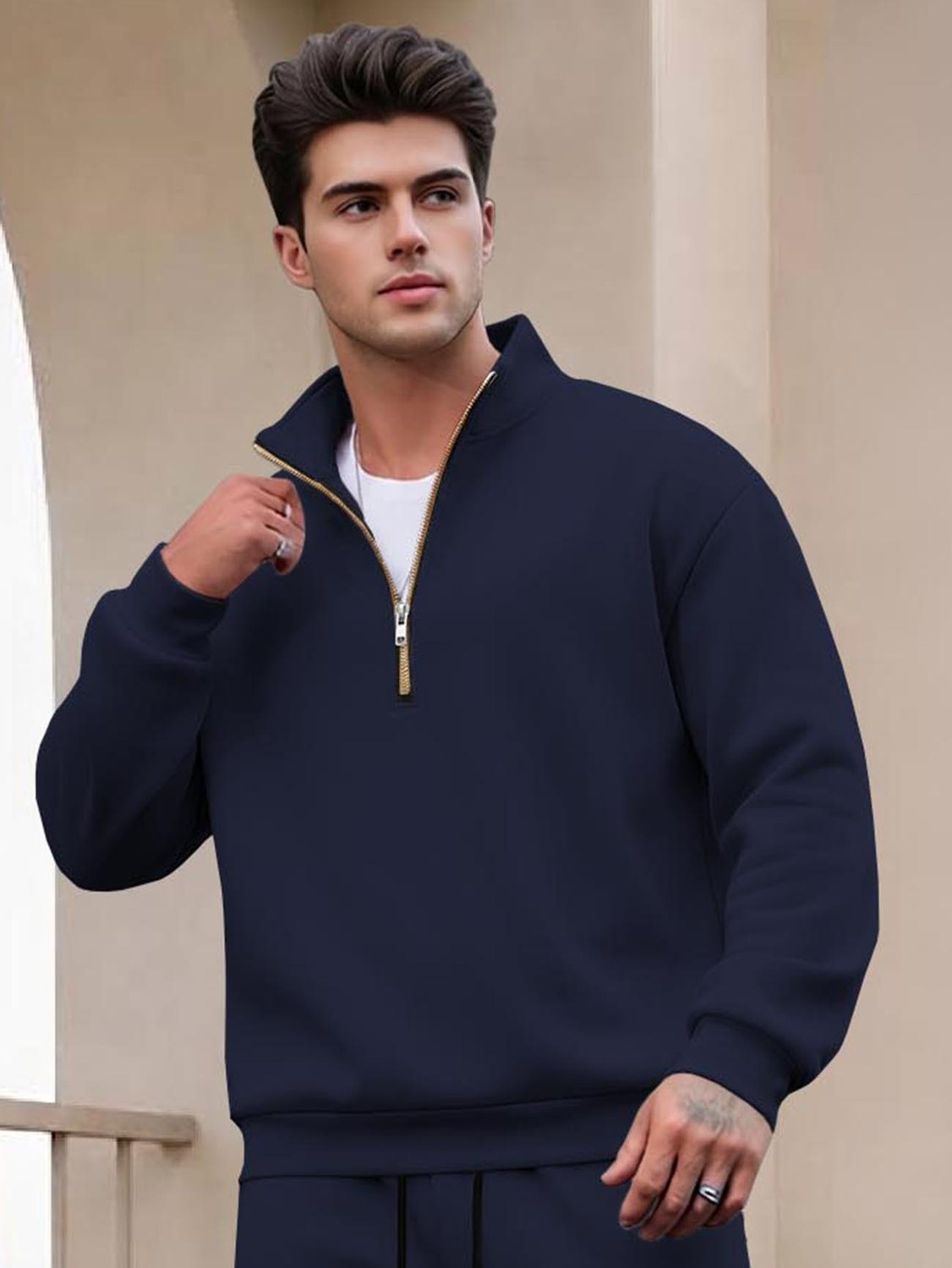 Image of SPECTATOR Men Solid Dark Blue Night Suit Set