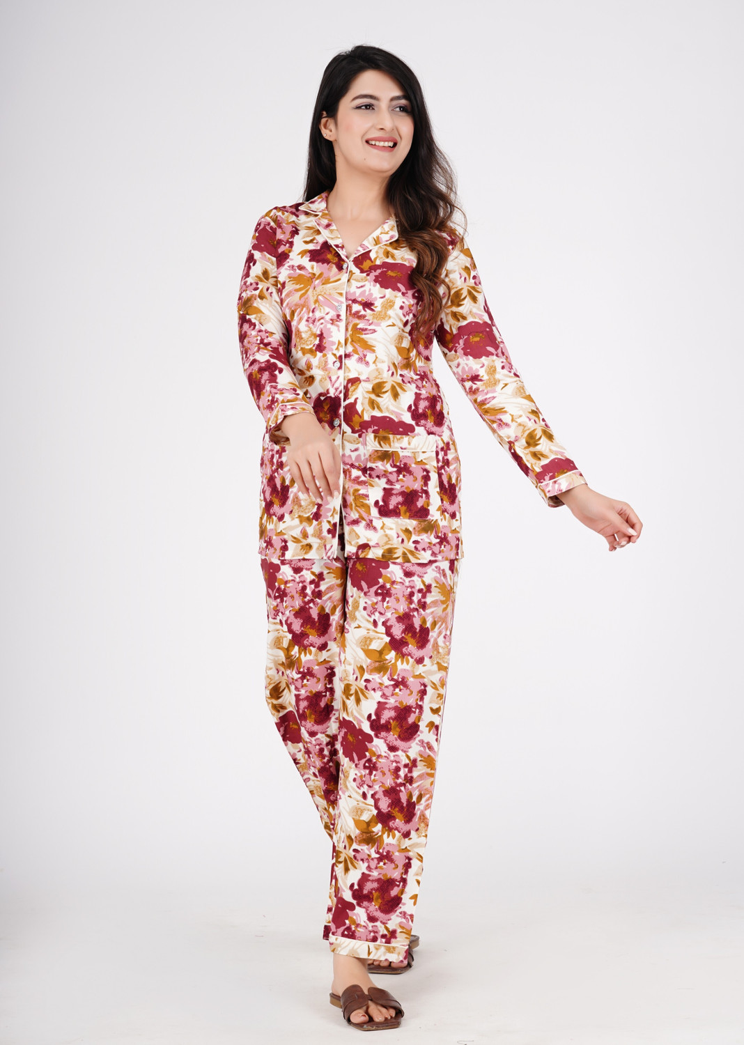 Image of MintMarie Women Floral Print Purple, White Night Suit Set