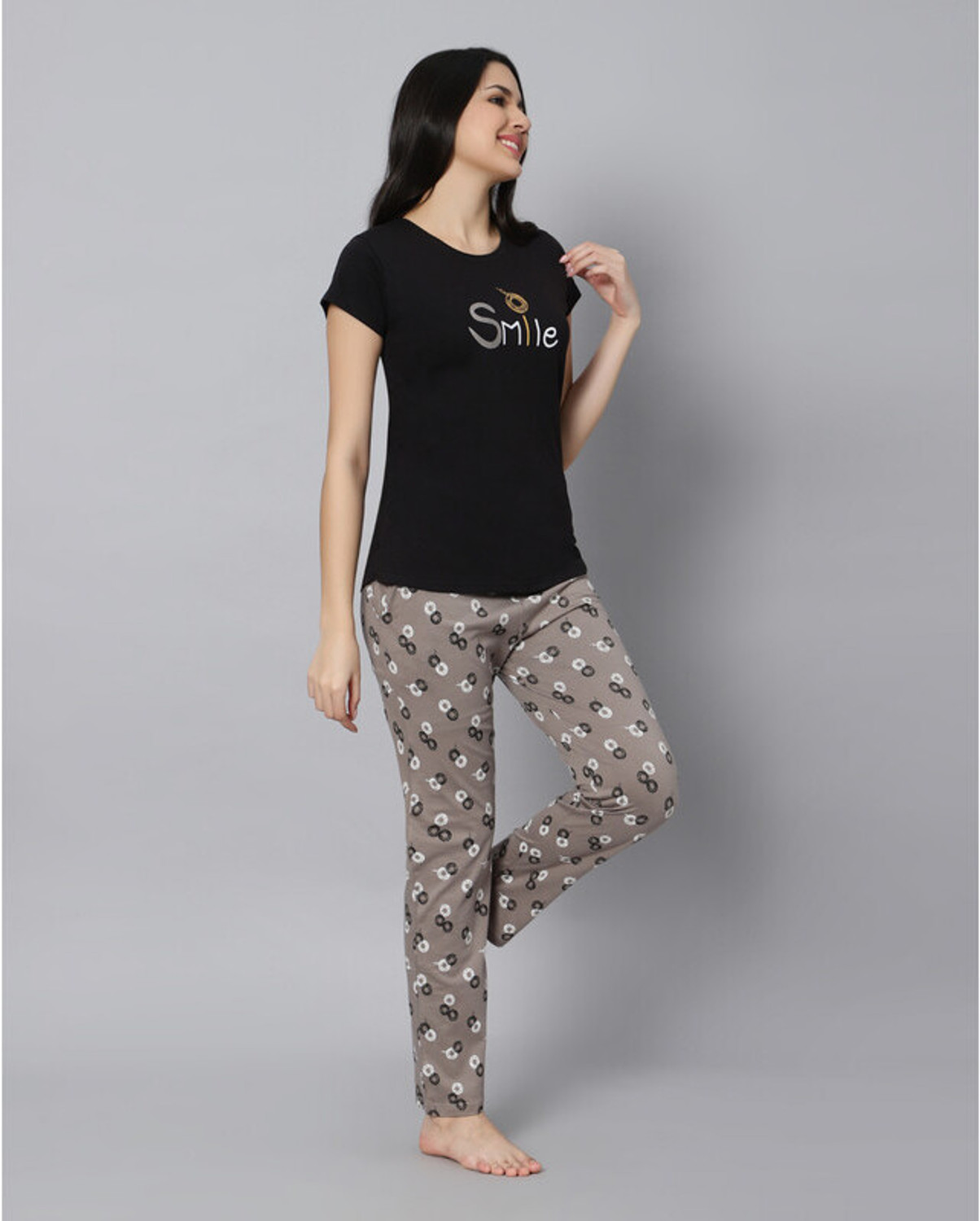 Image of DZZO Women Top & Pyjama Set Black, Grey Printed