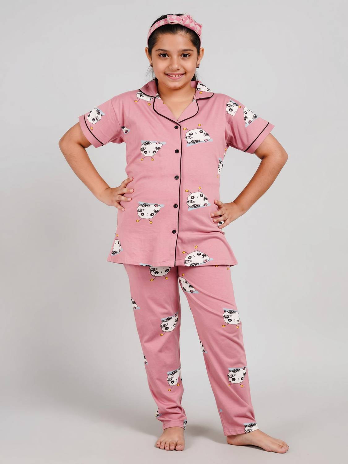 Bloem Girls Self Design Pink Shirt & Pyjama set
