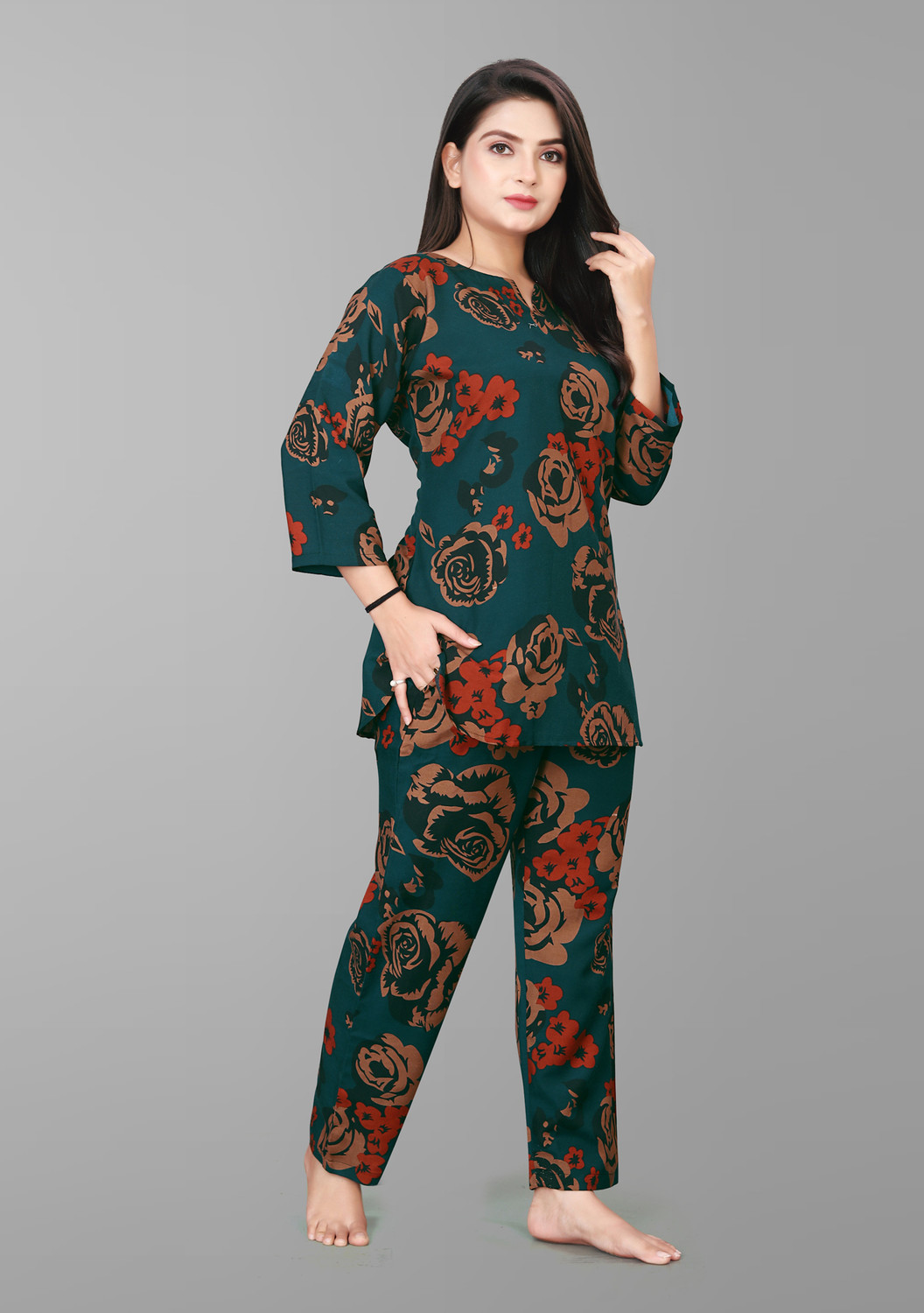 Image of CABT Women Printed Dark Green Top & Pyjama Set