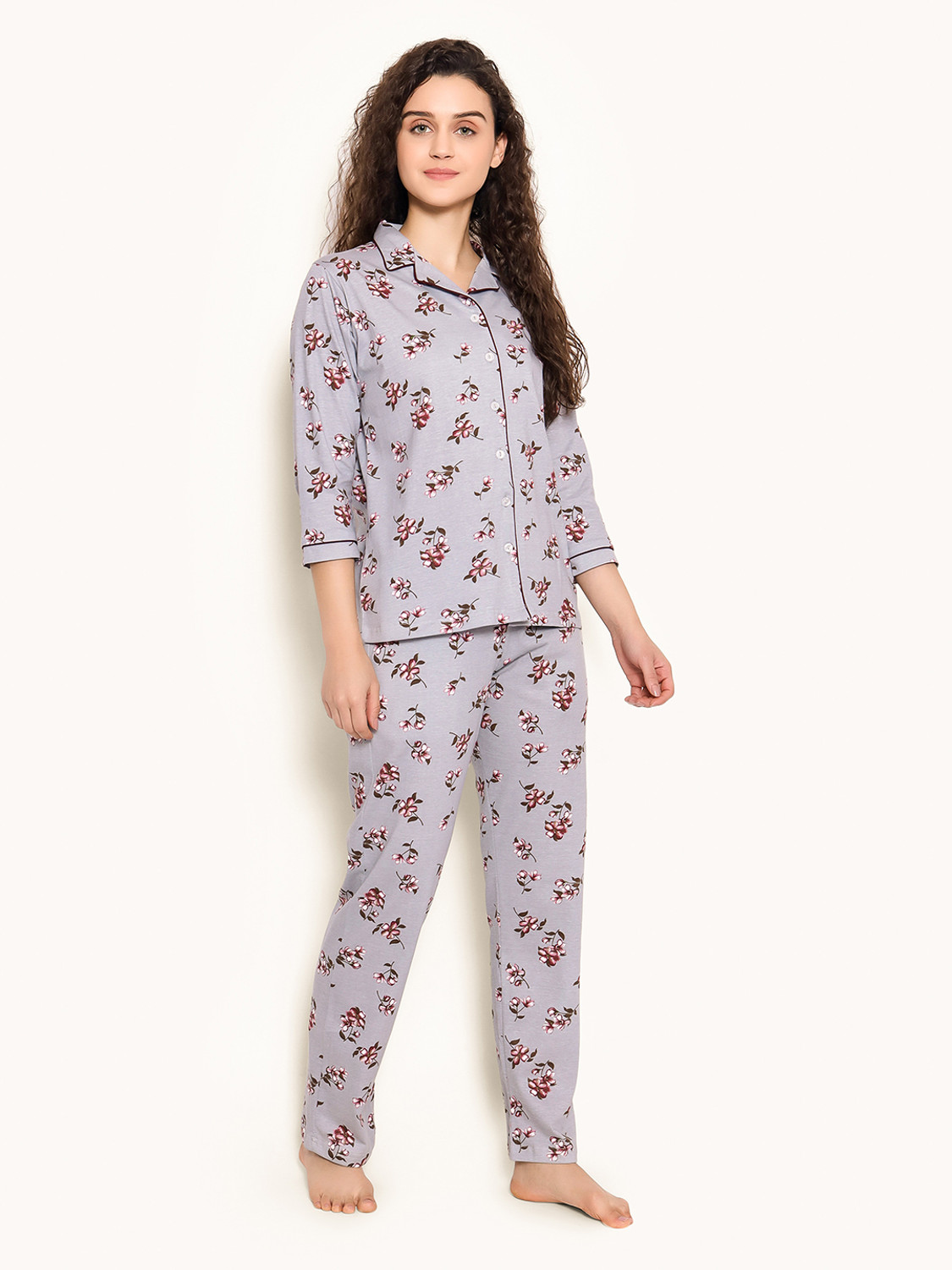 Image of Clovia Women Floral Print Grey Shirt & Pyjama set