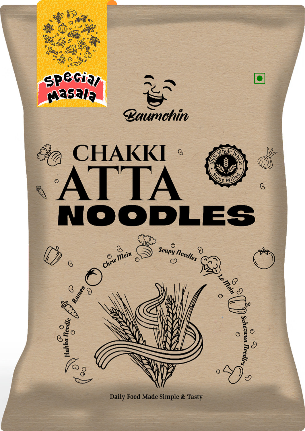 Image of Baumchin Whole Wheat Chakki Atta Special Masala Noodle, Natural and Healthy Hakka Noodles