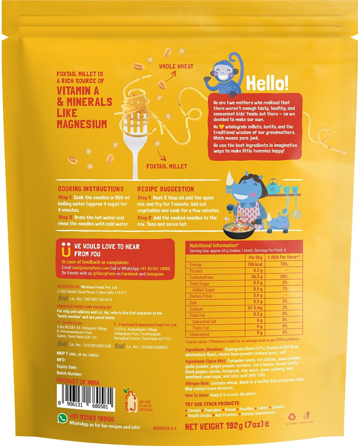 Image of Slurrp Farm No Maida Not Fried Foxtail, Little Millet & Curry Masala, Pack of 3 Hakka Noodles