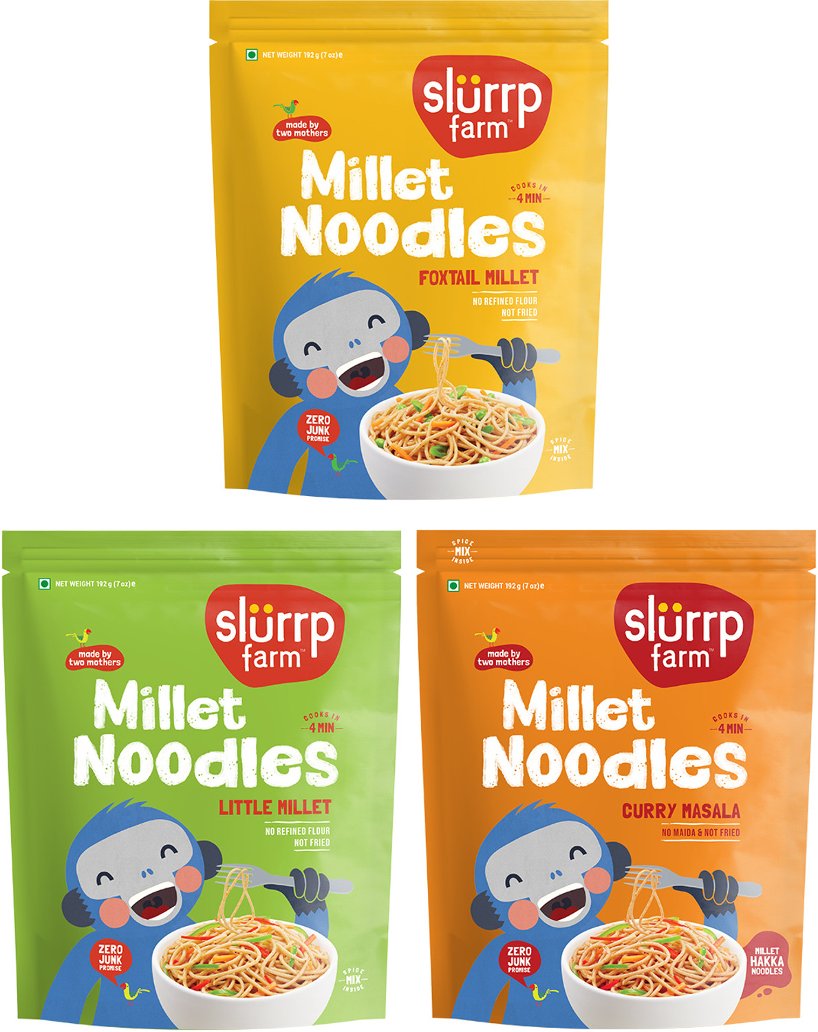 Image of Slurrp Farm No Maida Not Fried Foxtail, Little Millet & Curry Masala, Pack of 3 Hakka Noodles