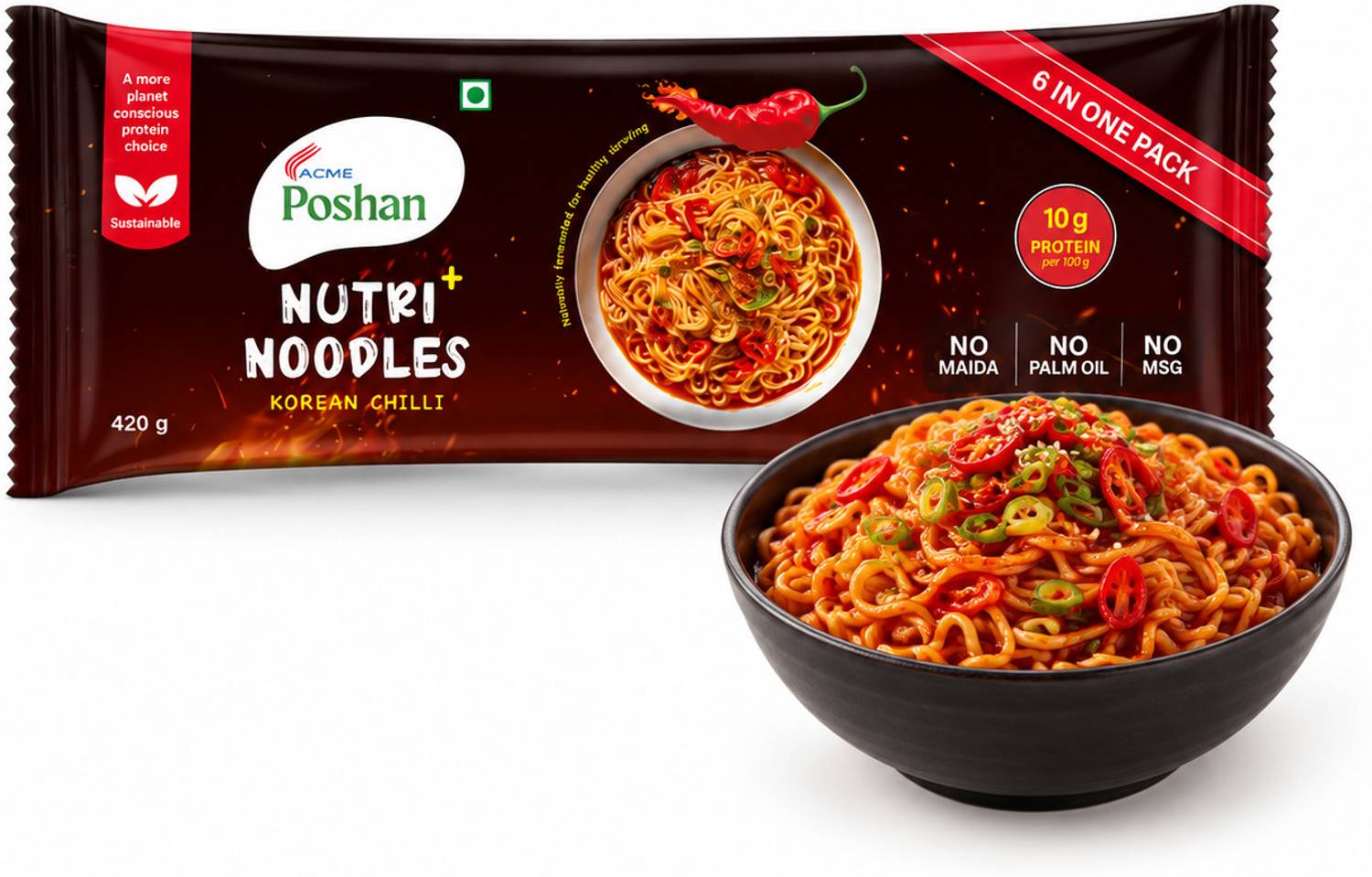 Acme Poshan Nutri+ Noodles Korean Chilli Pack of 6, 420gms Instant Noodles