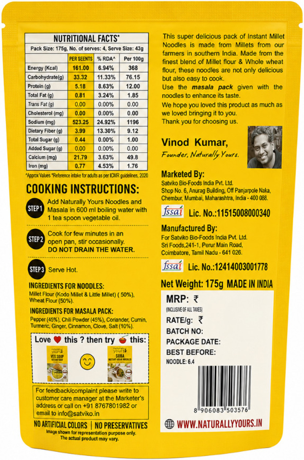 Image of naturally yours Multi Millet Protein Instant Noodles 175g Instant Noodles