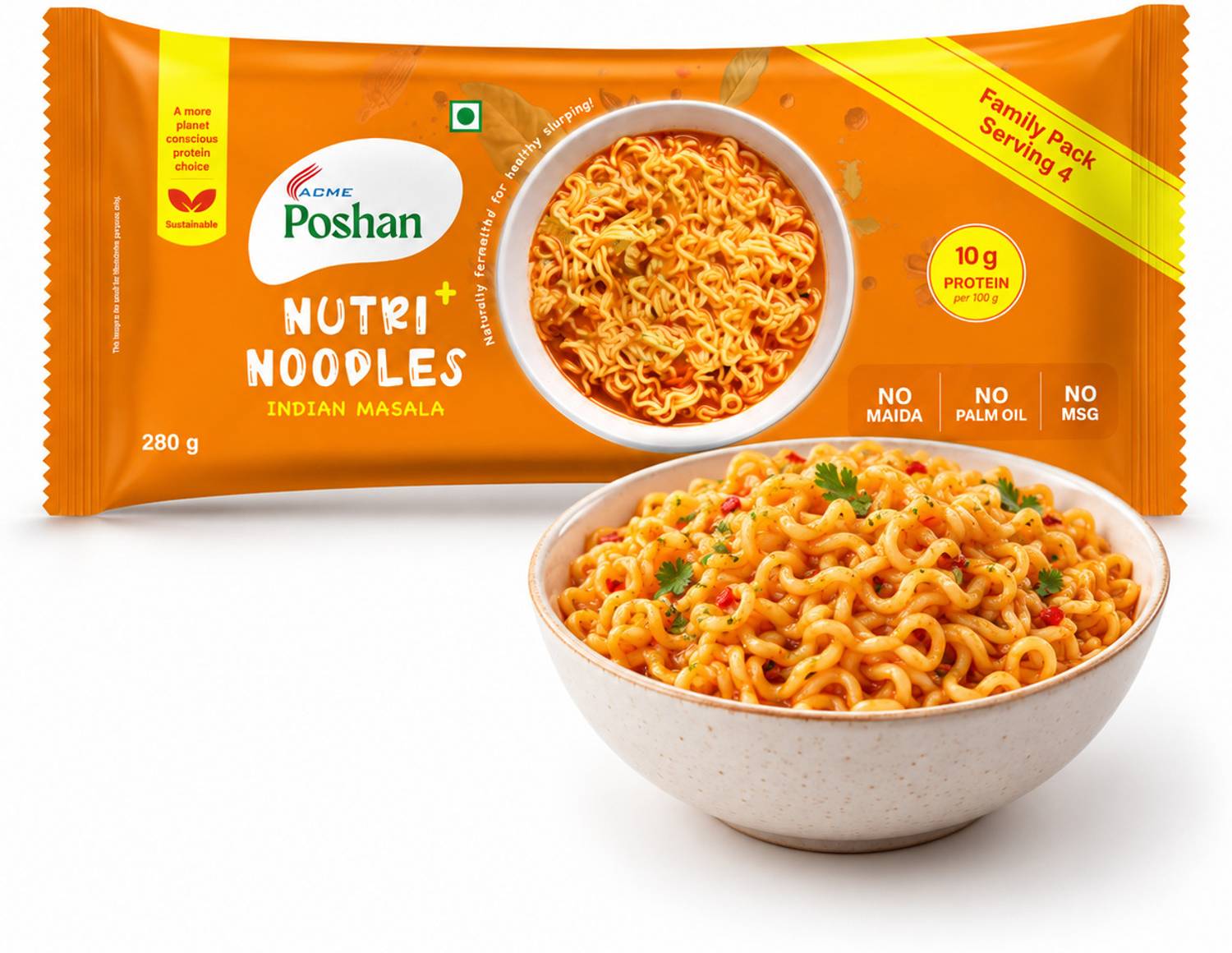 Acme Poshan Nutri+ Noodles Indian Masala Pack of 4, 280gms Instant Noodles