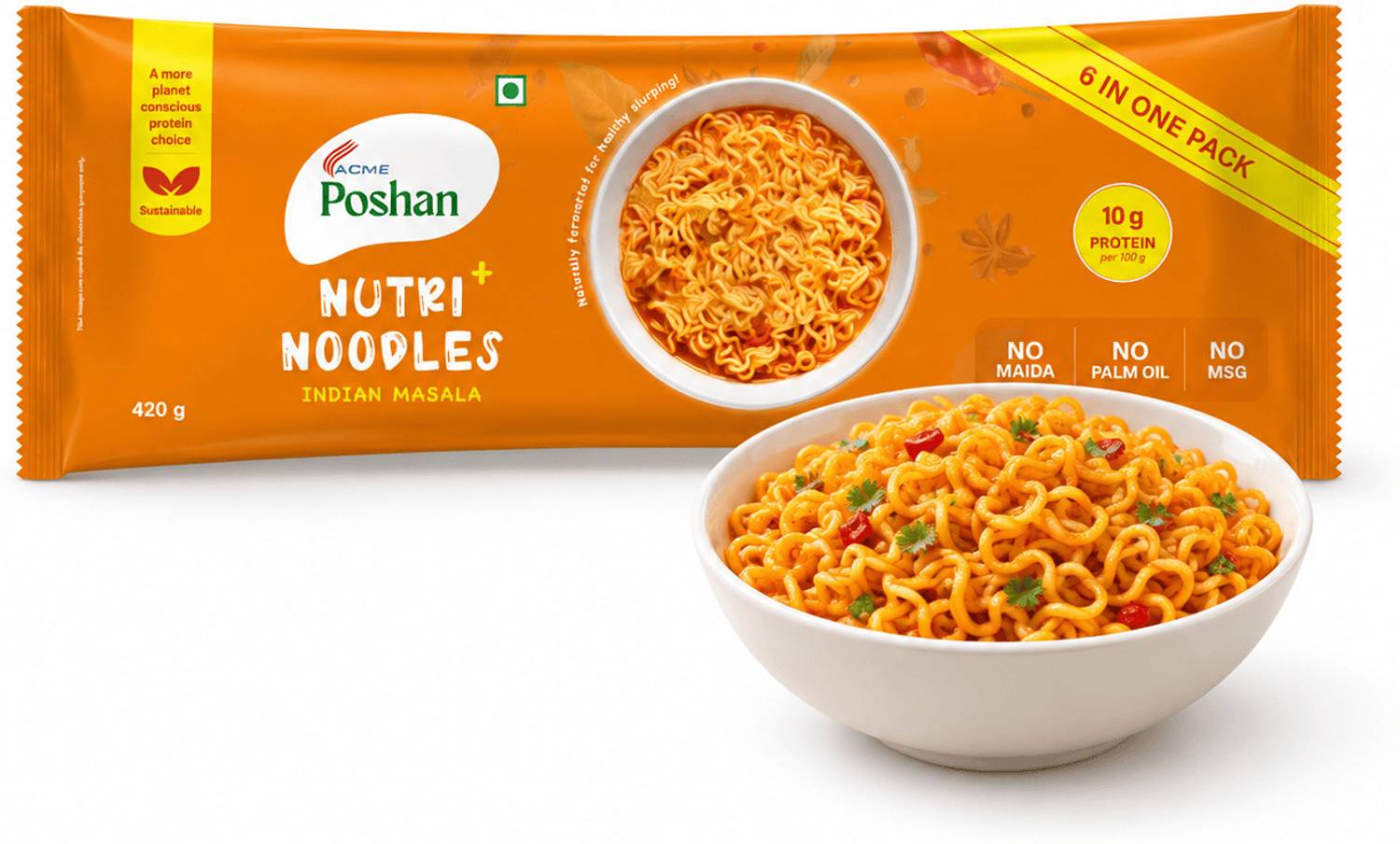 Acme Poshan Nutri+ Noodles Indian Masala Pack of 6, 420gms Instant Noodles