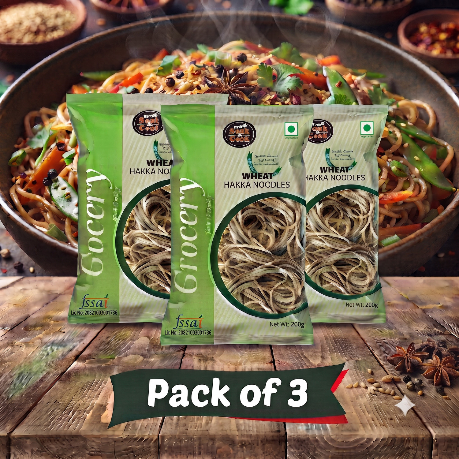 Image of Ayus Soak & cook Wheat Flour Noodle 200g Pack of 3 Hakka Noodles