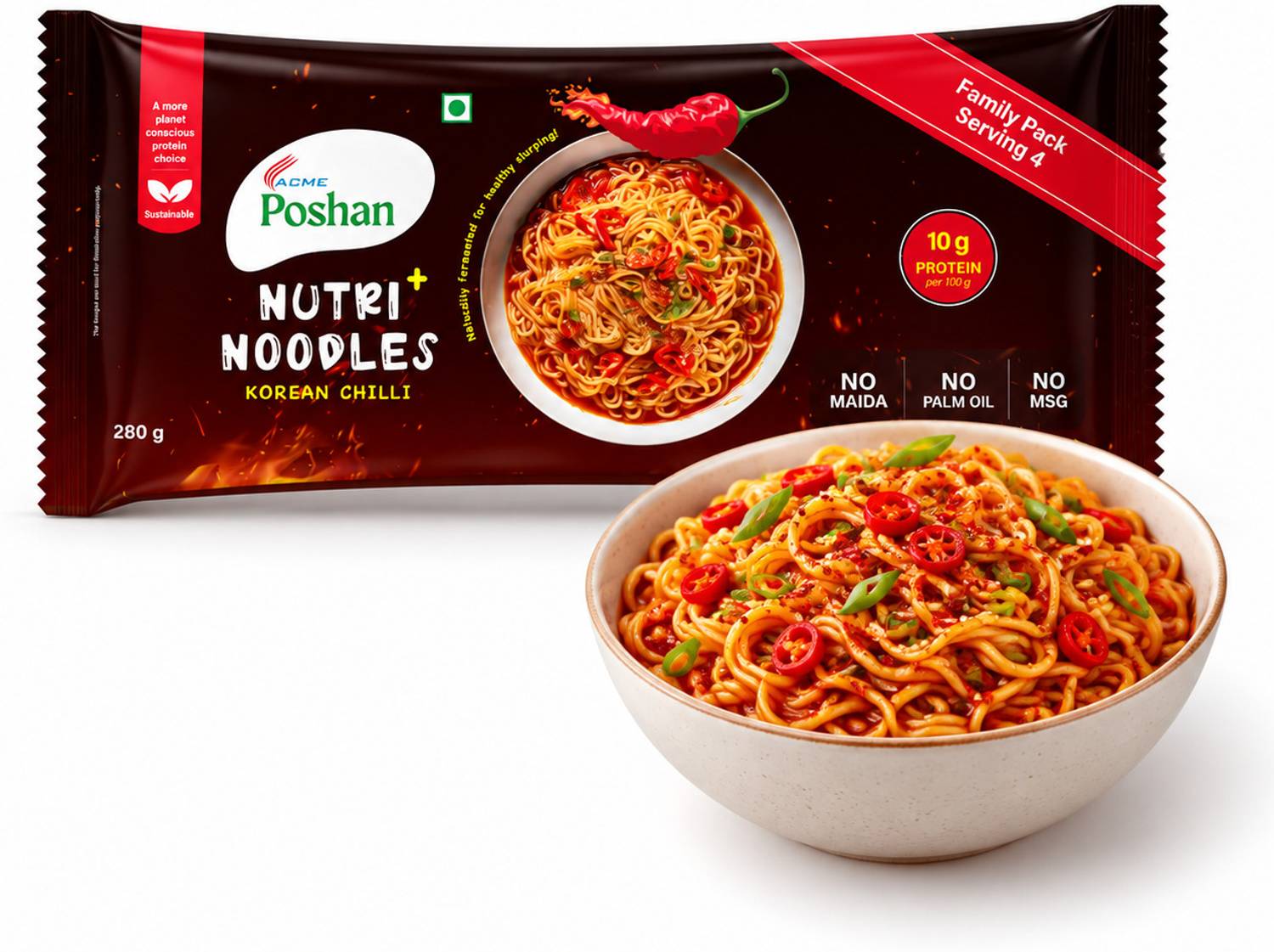 Acme Poshan Nutri+ Noodles Korean Chilli Pack of 4, 280gms Instant Noodles