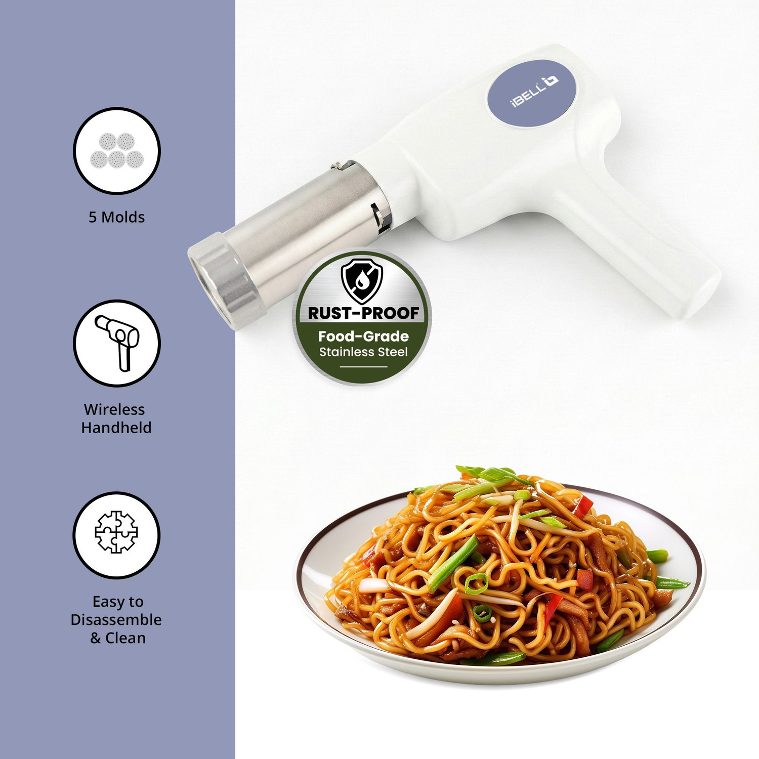 Image of iBELL Neo Noodle 500 Electric Idiyappam & Noodle Maker with 6 Molds, 50W, Cordless, Spaghetti and Pasta Maker