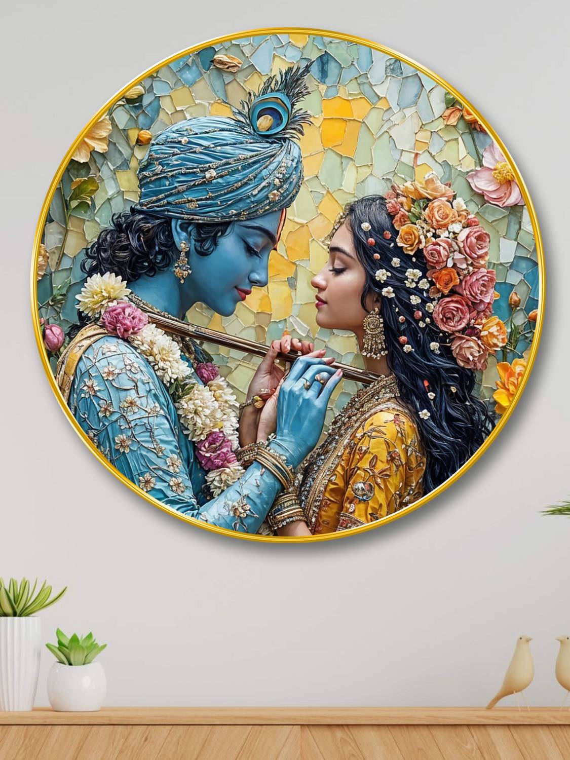 Aartify Radha Krishna Mosaic Wall Art | Romantic Divine Couple | Vibrant Spiritual Digital Reprint 16 inch x 16 inch Painting