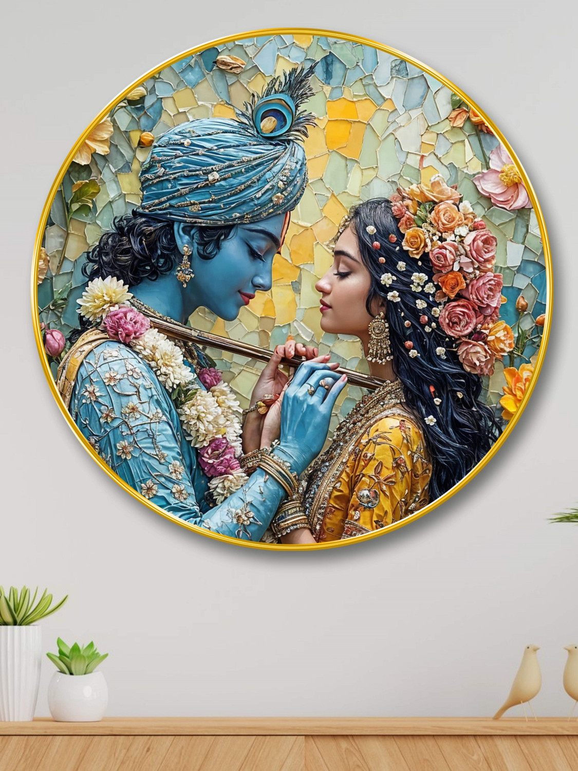 Image of Aartify Radha Krishna Mosaic Wall Art | Romantic Divine Couple | Vibrant Spiritual Digital Reprint 16 inch x 16 inch Painting (With Frame)