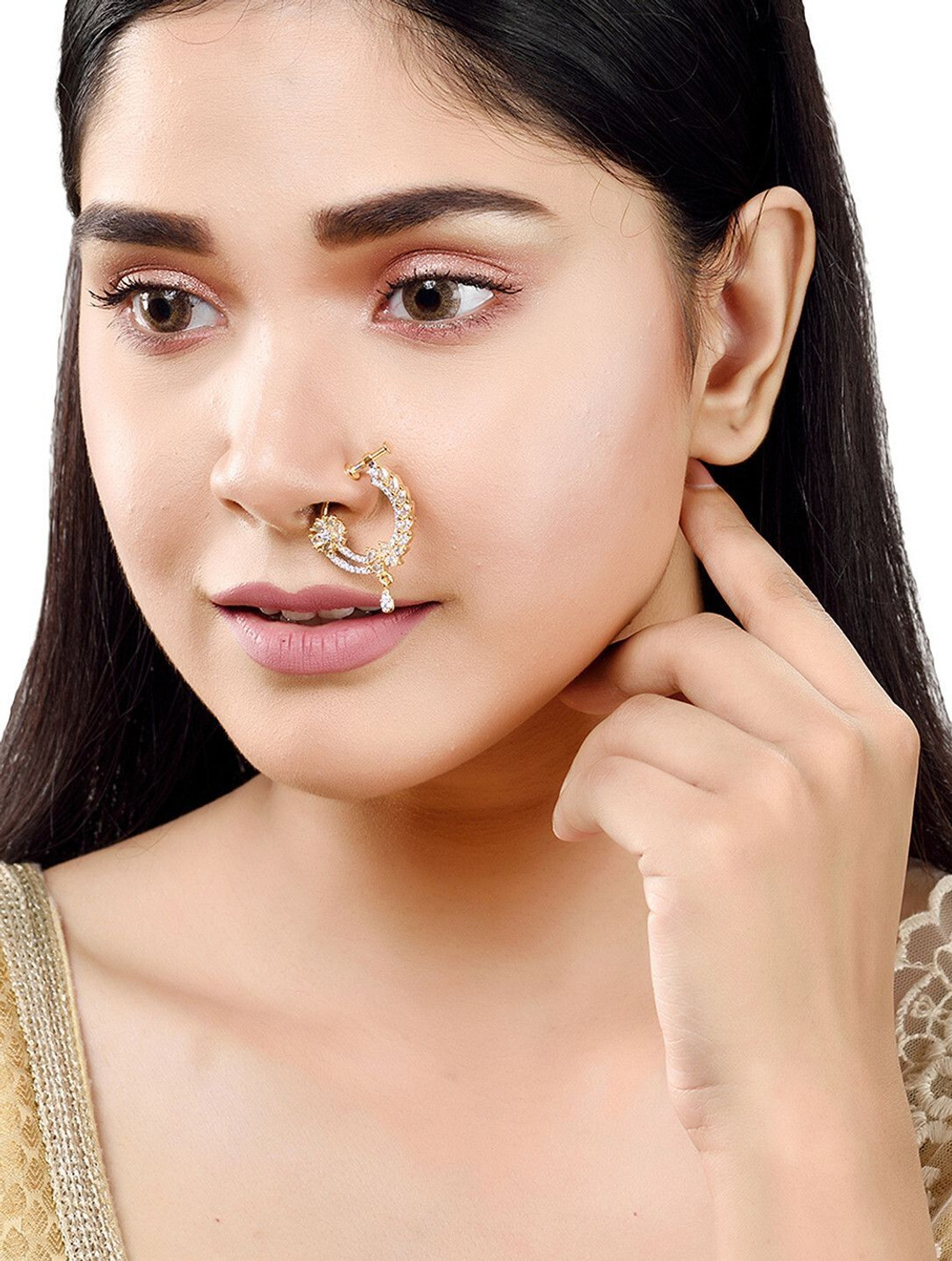 Image of SARAF RS JEWELLERY Cubic Zirconia Gold-plated Plated Brass Nathiya