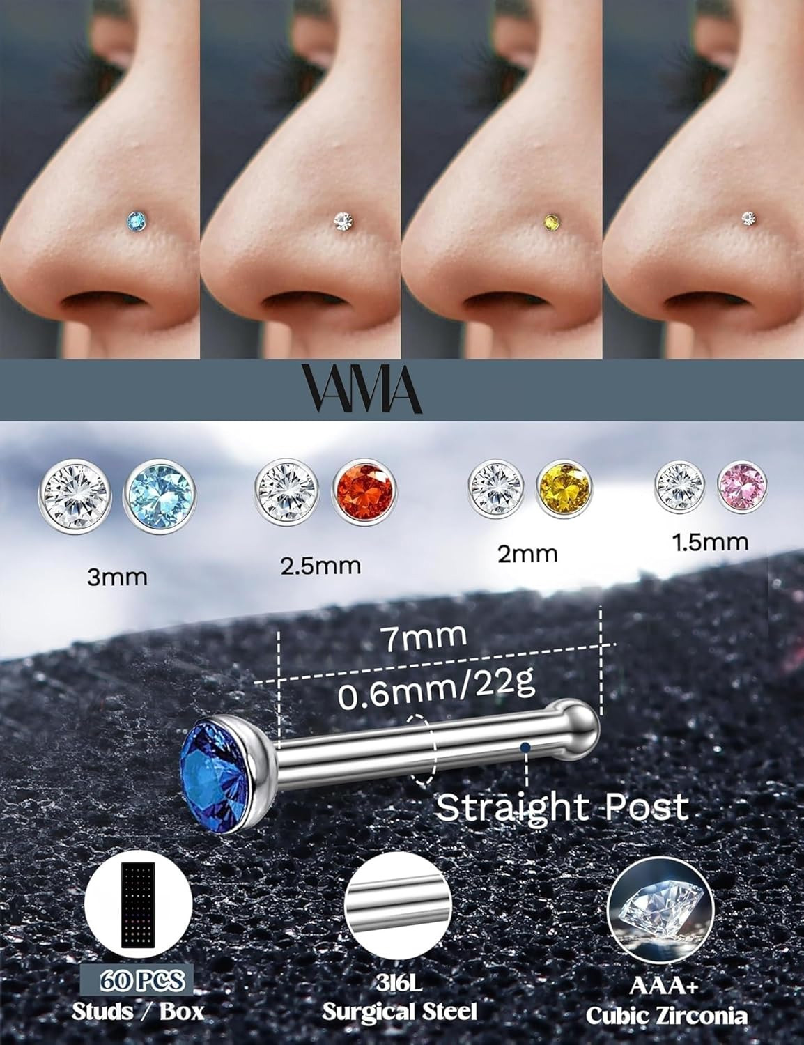 Image of Bawree Crystal Silver Plated Metal Nose Stud Set
