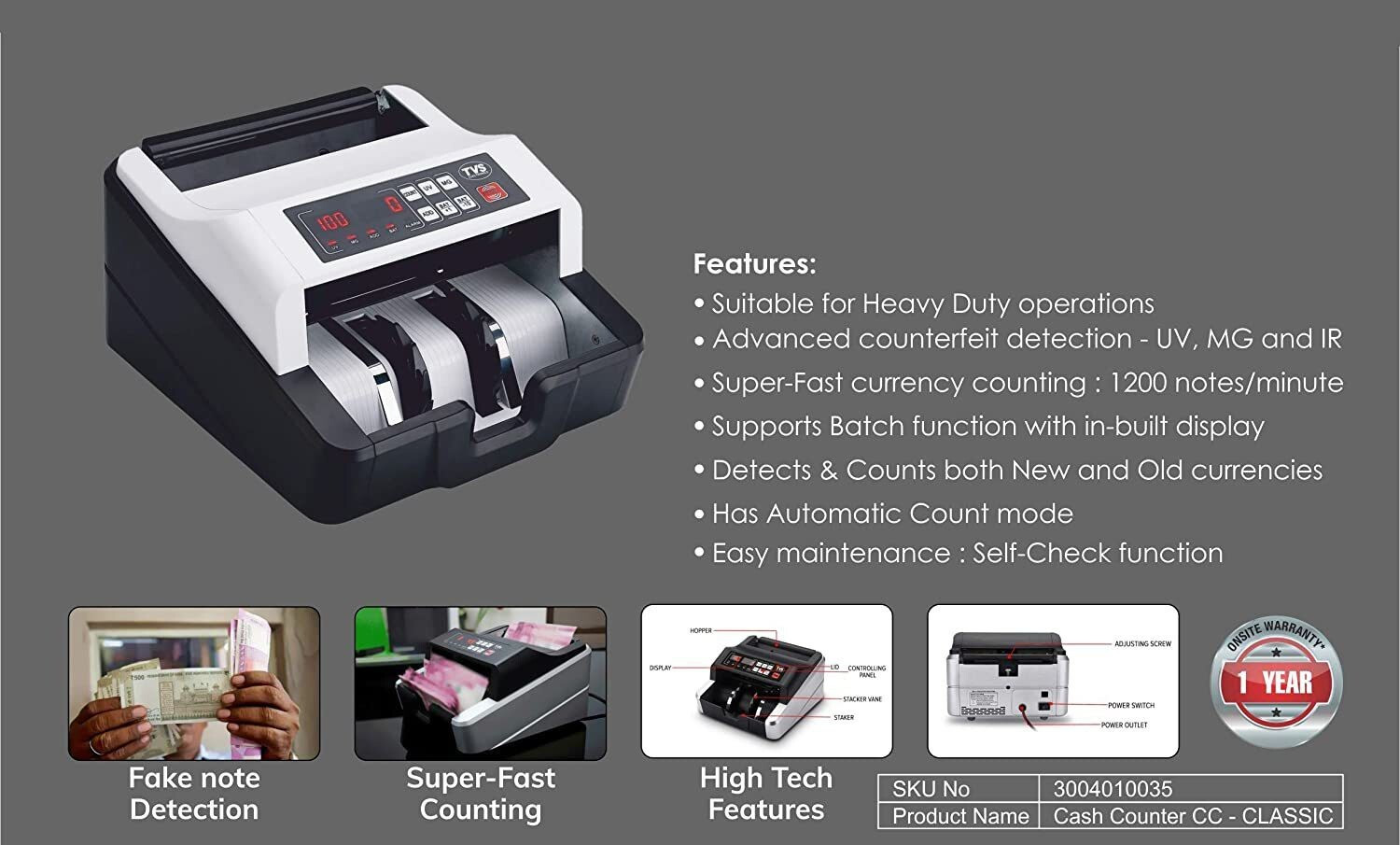 Image of TVSE CC-232 Classic Note Counting Machine (Counting Speed - 1200 notes /min)