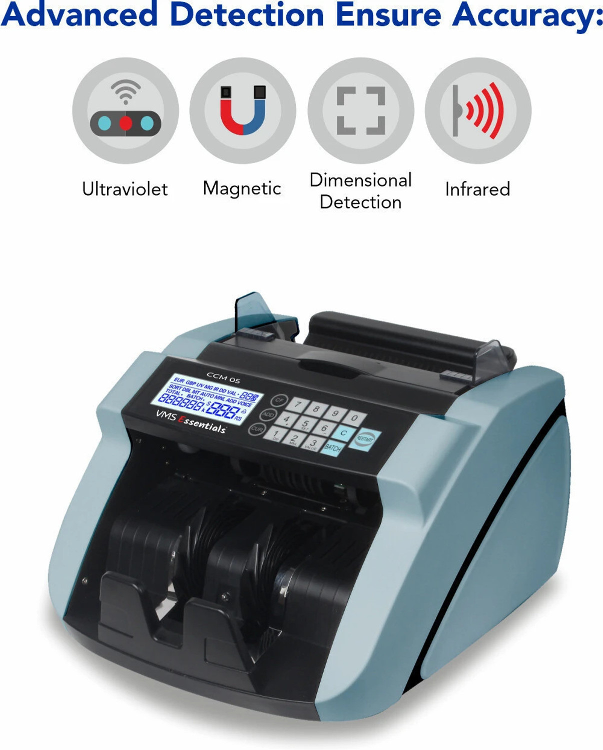 Image of VMS Essentials CCM05 Money Counter with UV,MG,IR Sensors, 1 Year Offsite Warranty Note Counting Machine