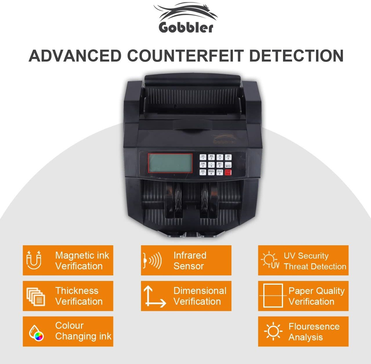 Image of GOBBLER Business-Grade Note Counting Machine with Fake Note Detection - Black Note Counting Machine (Counting Speed - 1000 notes /min)