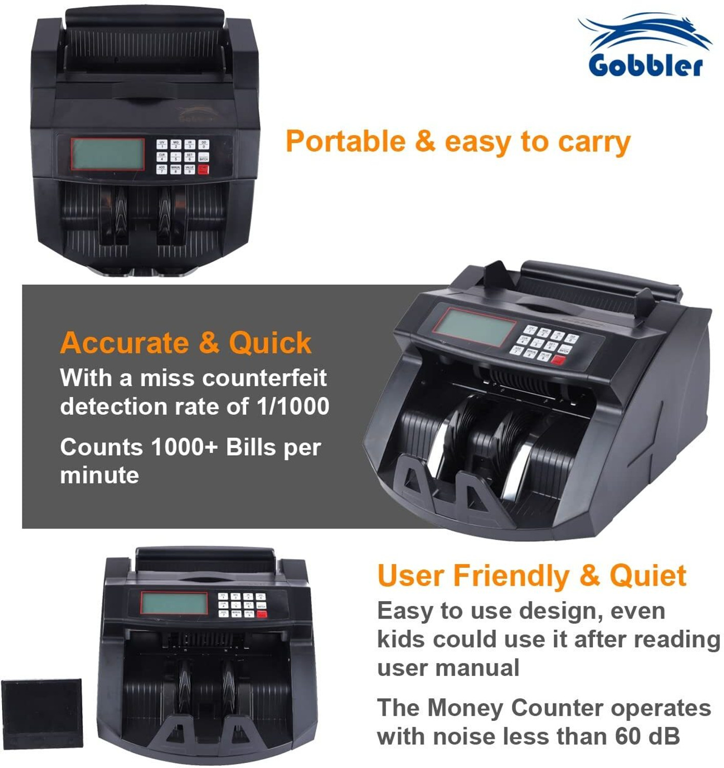 Image of GOBBLER Business-Grade Note Counting Machine with Fake Note Detection - Black Note Counting Machine (Counting Speed - 1000 notes /min)