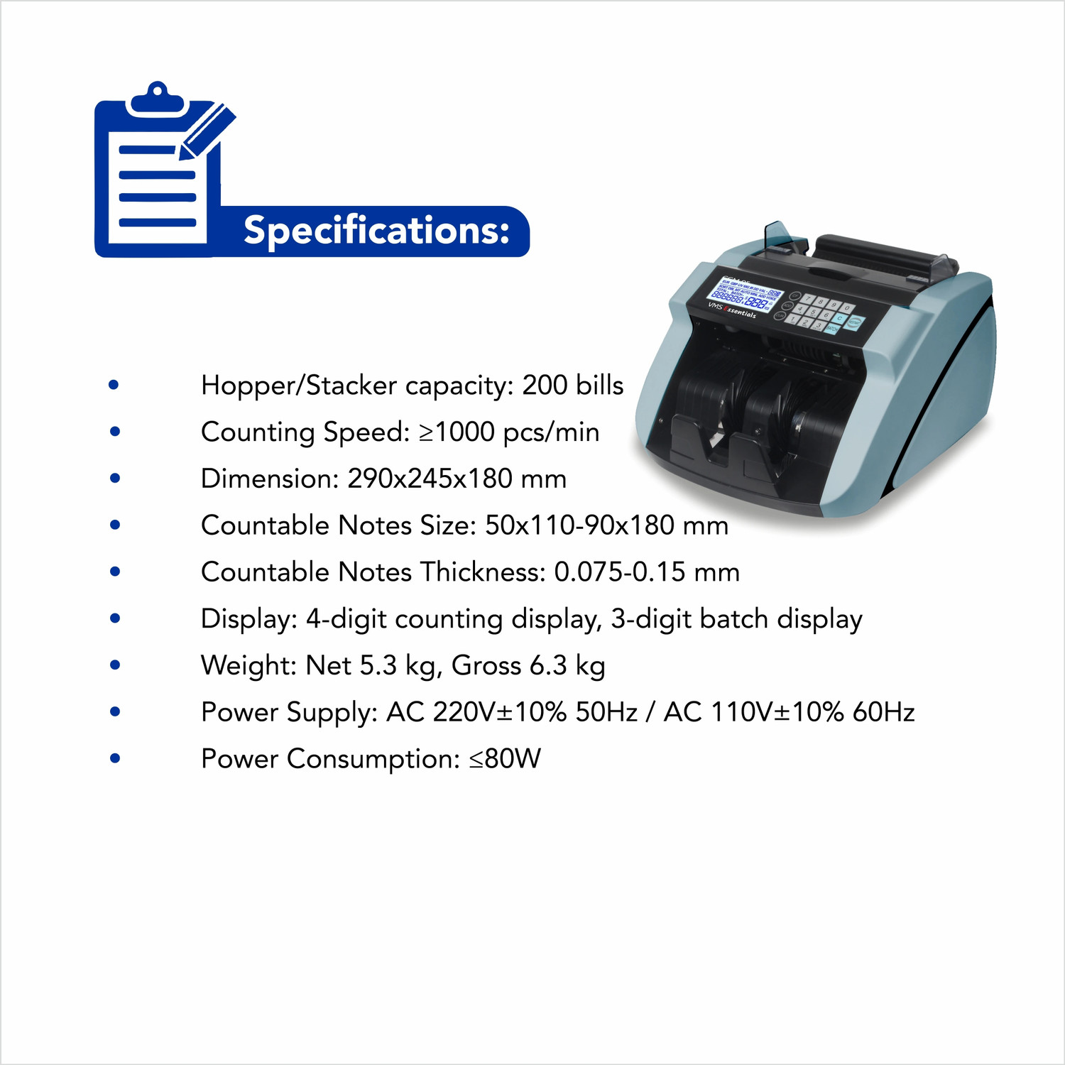 Image of VMS Essentials CCM05 Money Counter with UV,MG,IR Sensors, 1 Year Offsite Warranty Note Counting Machine
