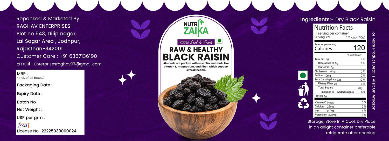 Image of NUTRI ZAIKA Black Raisins | Kali Kishmish | Sweet & Juicy Dry Fruit | Iron Rich Raisins