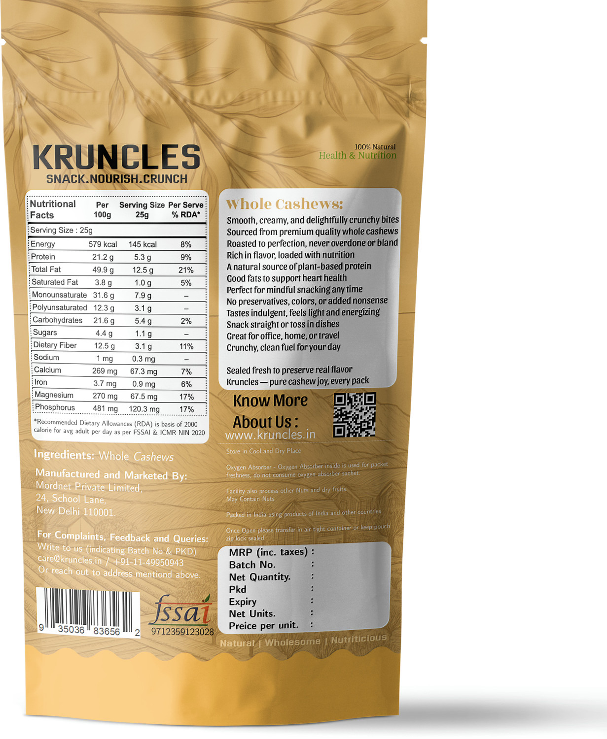 Image of Kruncles Whole W320 Cashews | Protein Magnesium Phosphorus Rich | Premium Crunchy Natural Cashews