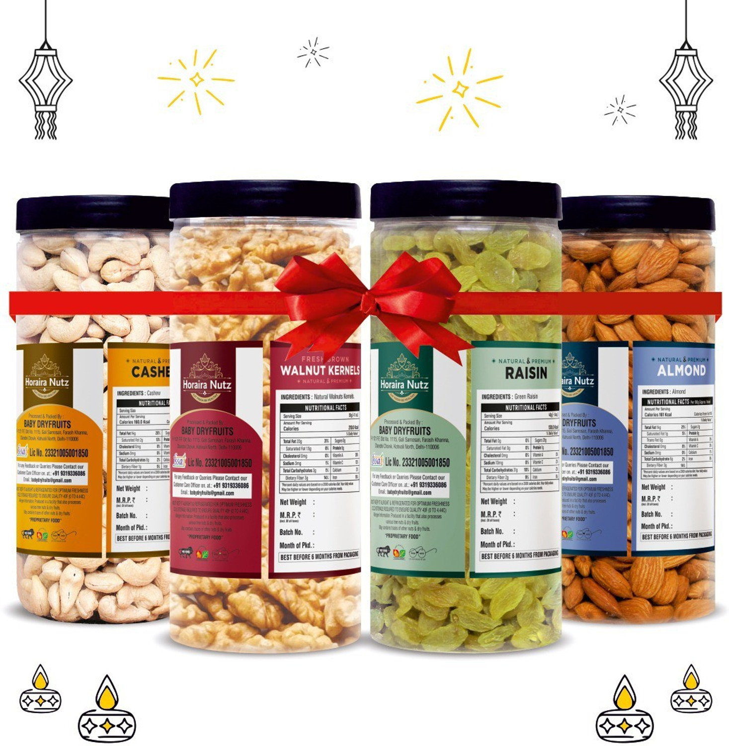 Image of Horaira Nutz Premium Dry Fruits Combo Pack Kaju ,Brown Akhrot giri, Kishmish, Badam 4x250g Cashews, Walnuts, Raisins, Almonds