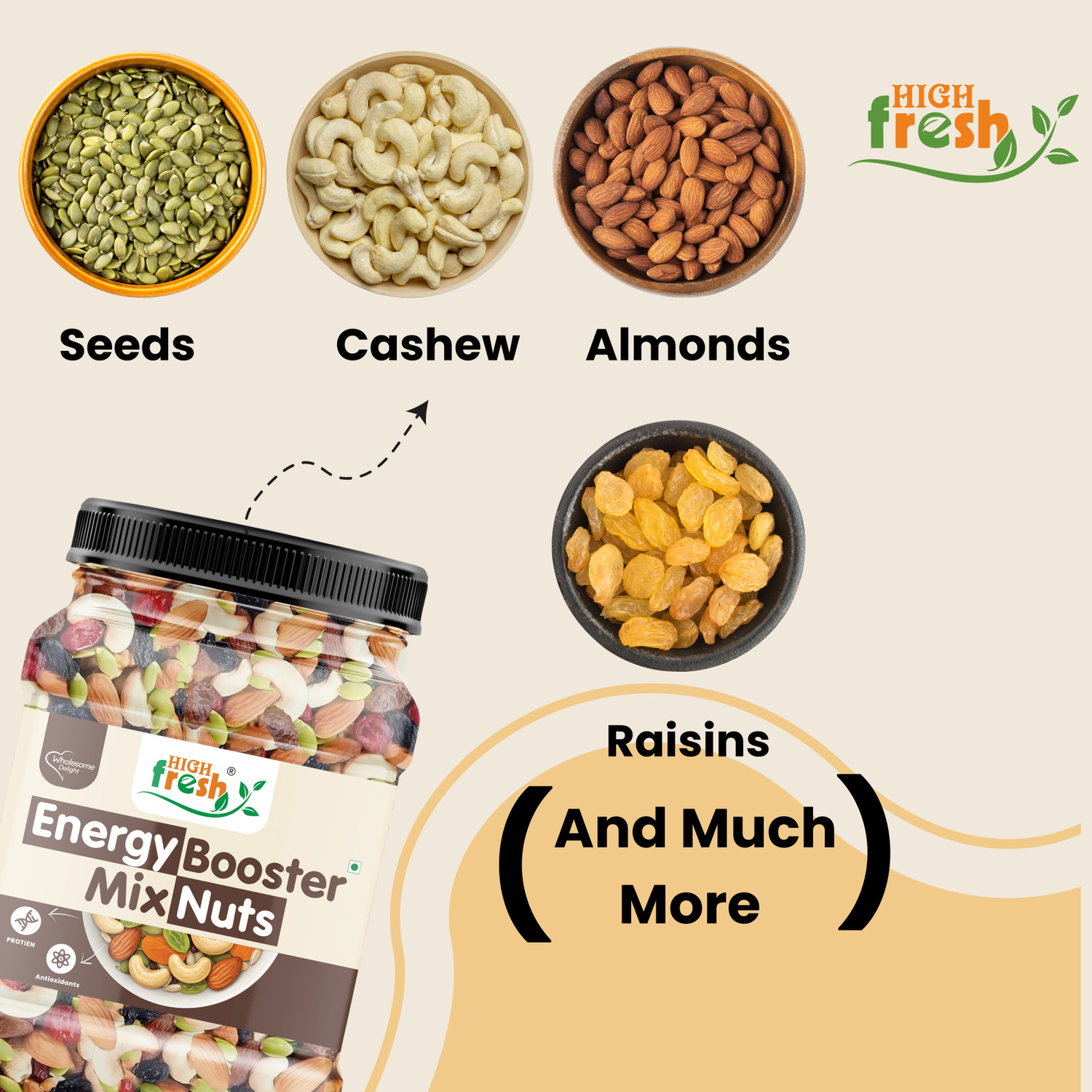 Image of HighFresh Premium Energy Booster Nutmix | Healthy Snack , Rich in Protein & Fiber | Assorted Seeds & Nuts