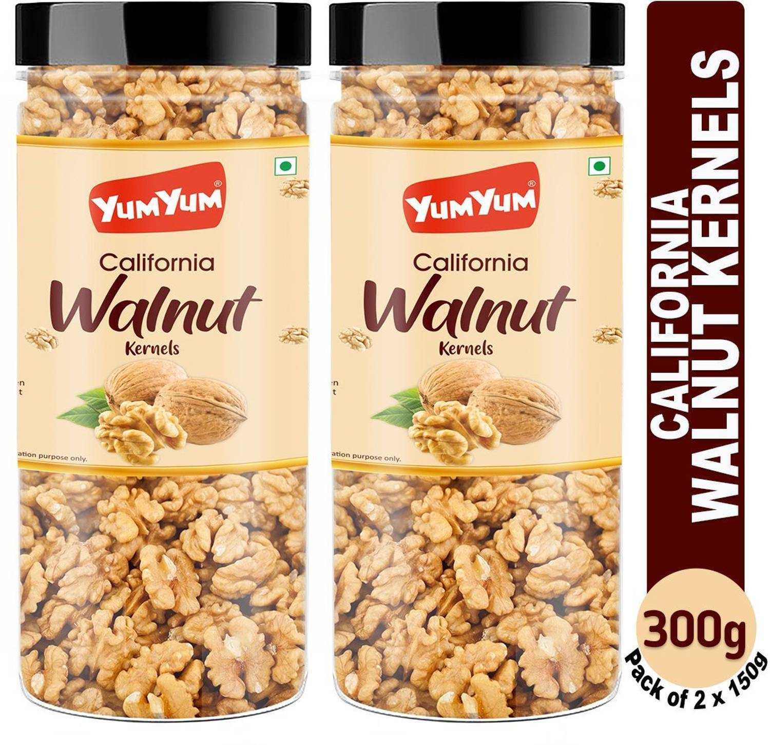 YUM YUM California Walnut Kernels 300g, Akhrot Giri Dry Fruits (Pack of 2-150g Jar Each) Walnuts