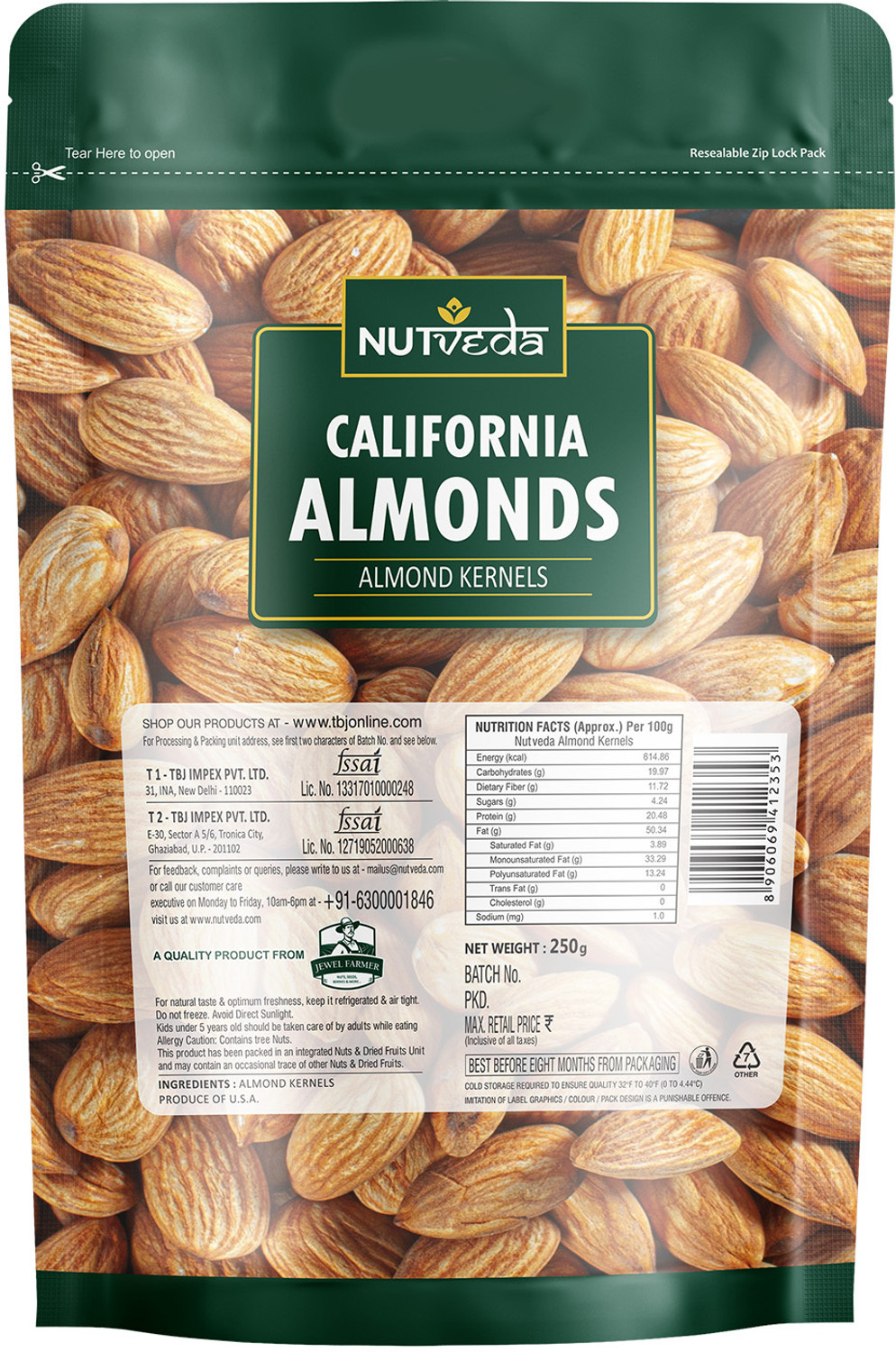 Image of nutveda California Almonds (Source of Vitamins & Fibre) Badam Giri | Almonds (1 x 250 g)