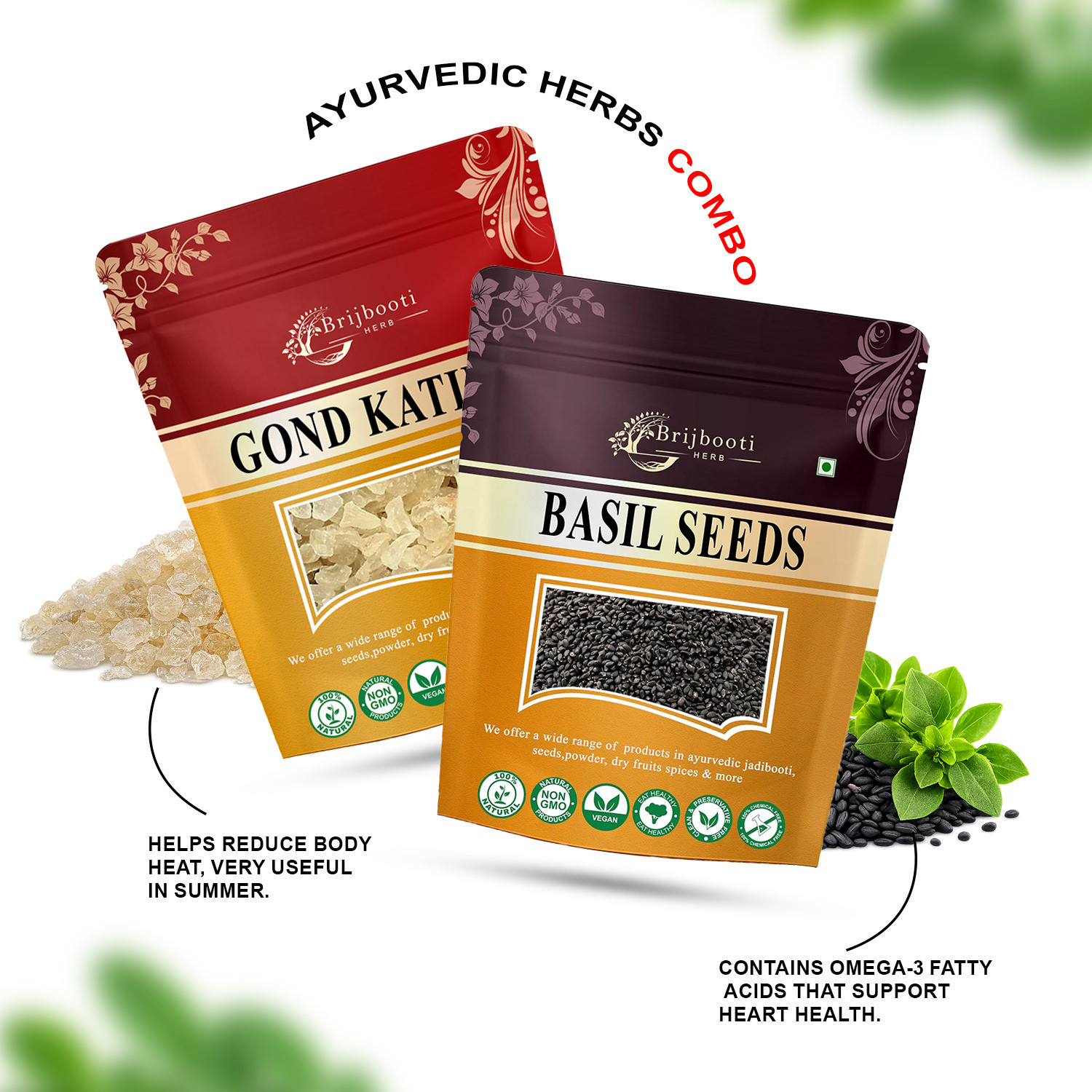 Image of BrijBooti Gond katira 100g & Sabja seeds 100g Combo | Tragacanth Gum Crystals & Tukhmaria Dried Gum