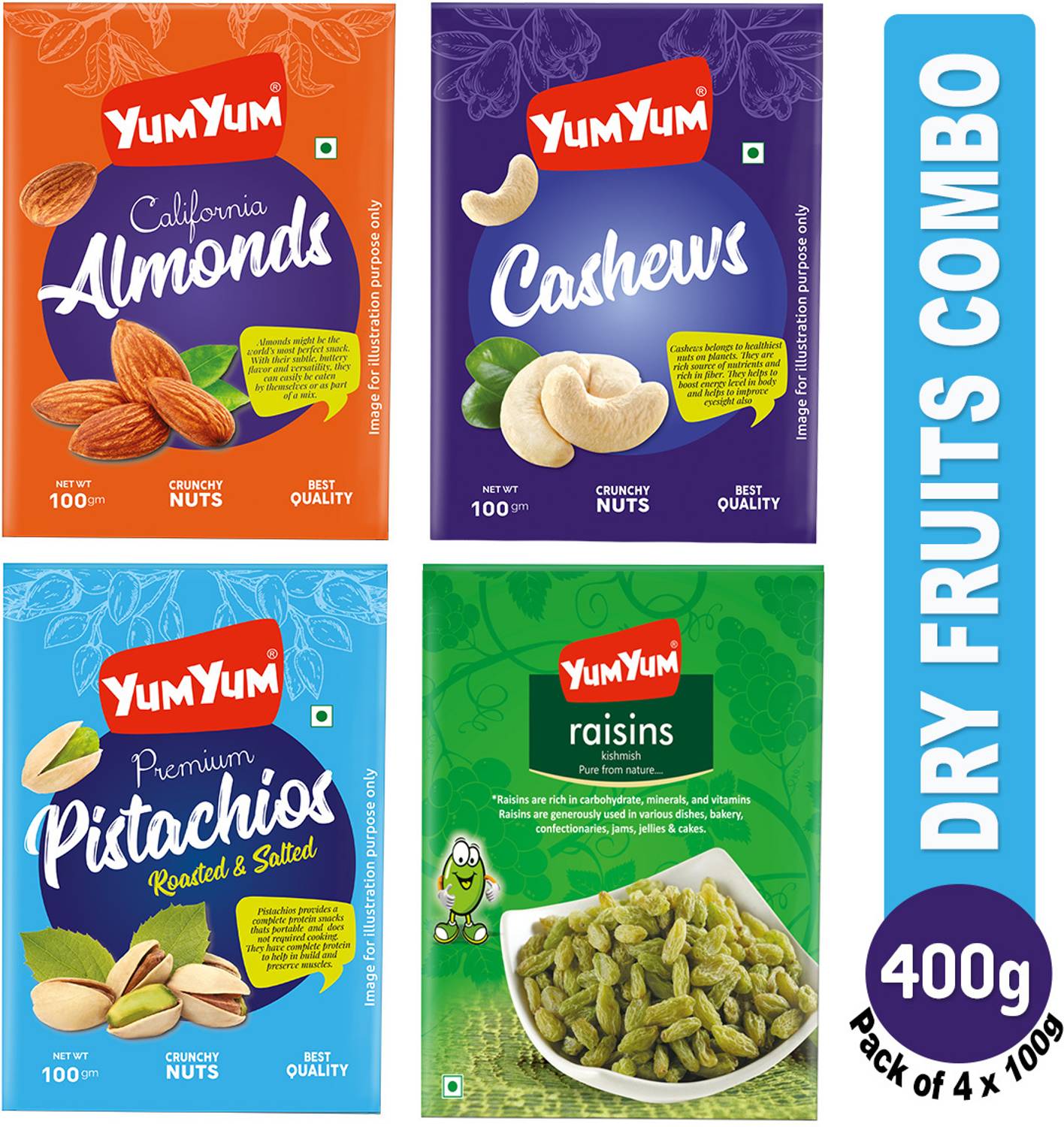 YUM YUM Premium Dry Fruits Combo Pack 400g- Almonds, Pistachios, Cashews, Raisins