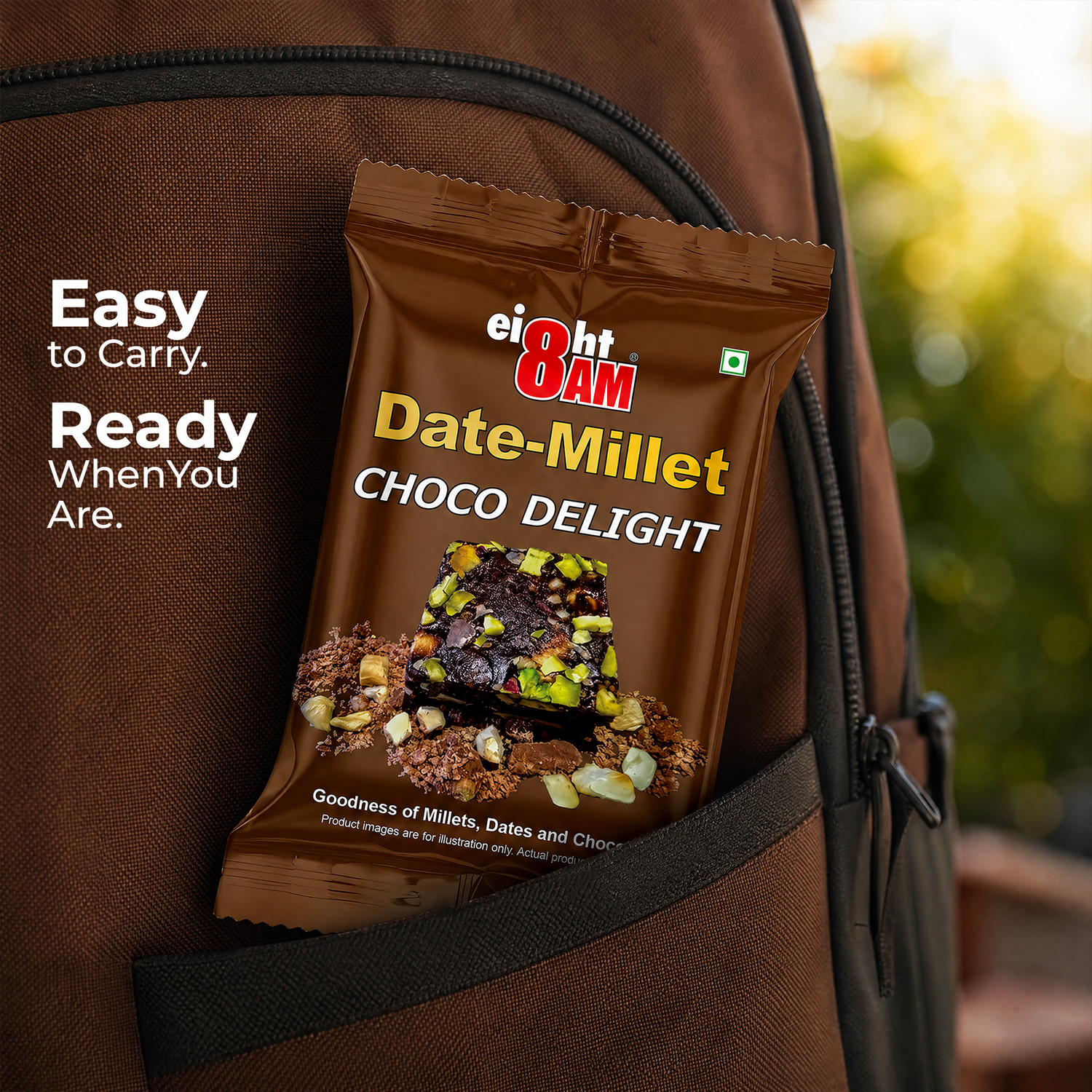 Image of 8AM Dates Millet Choco Delight Pack of 10 Made with Dates, Almonds, Cashews, Pistachios