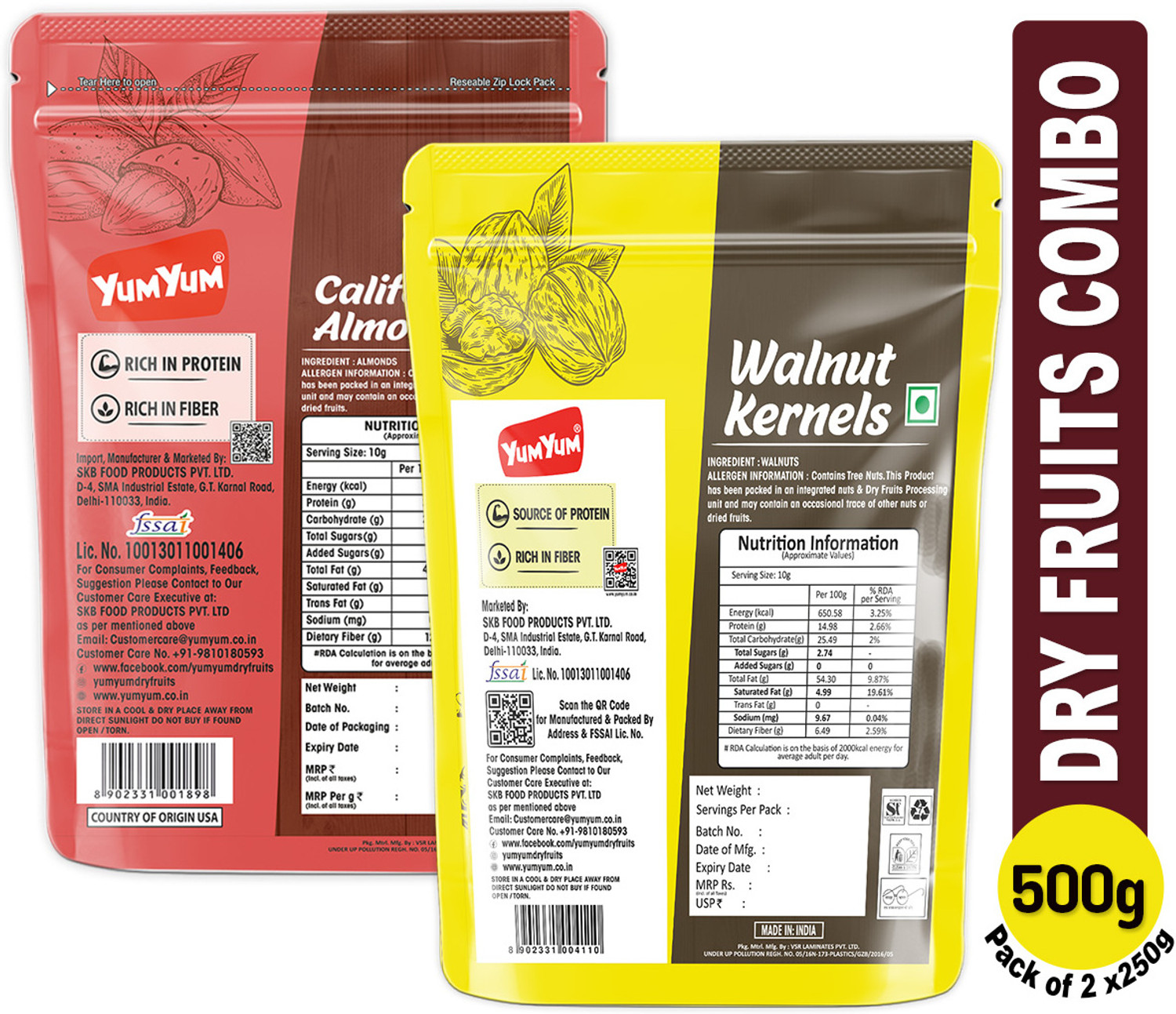 Image of YUM YUM Dry Fruits 500g Combo Pack - Badam 250g, Akhrot Giri 250g Jar Each - Almonds, Walnuts
