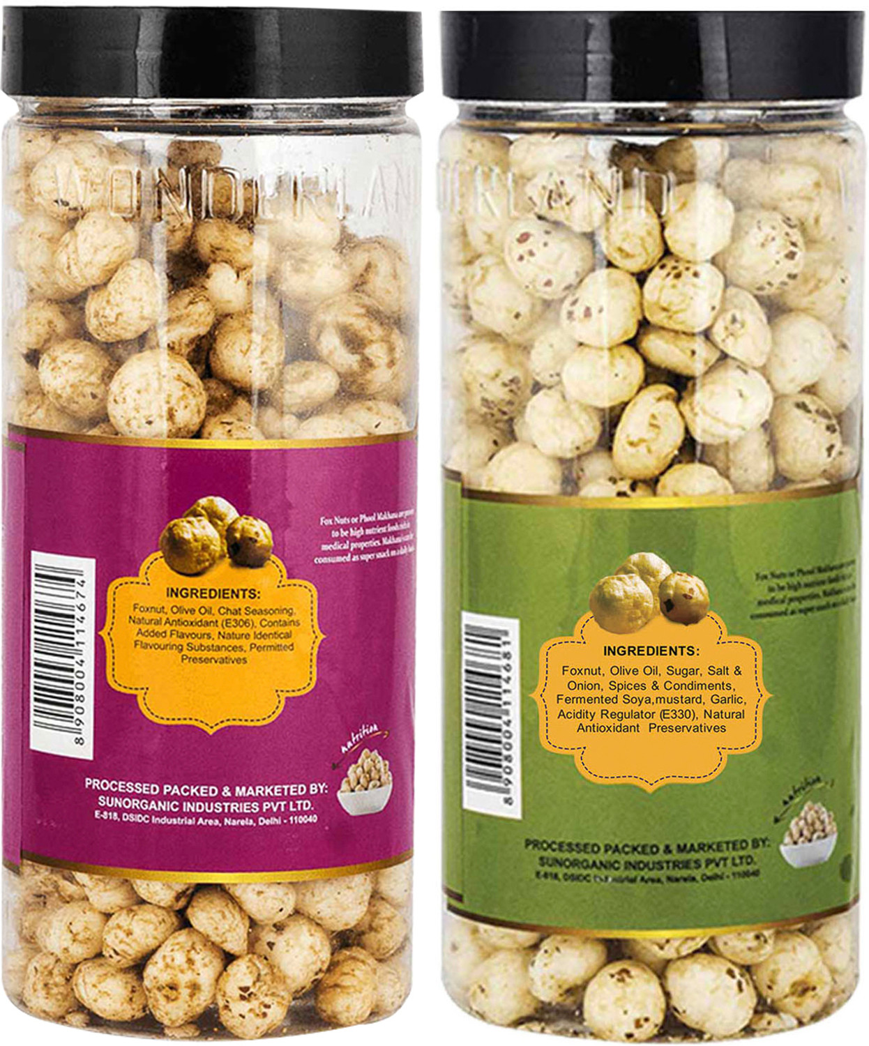 Image of WONDERLAND Makhana Wasabi & Chaat Masala Foxnuts (Pack of 2-100g Each) Assorted Nuts