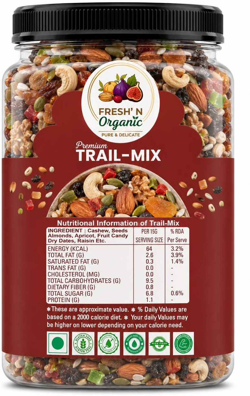 Image of Fresh N Organic Dry fruits mix & Trail Mix Amla, Apricots, Assorted Seeds & Nuts, Dates, Dry Dates, Gooseberry, Kiwi, Orange, Papaya, Raisins
