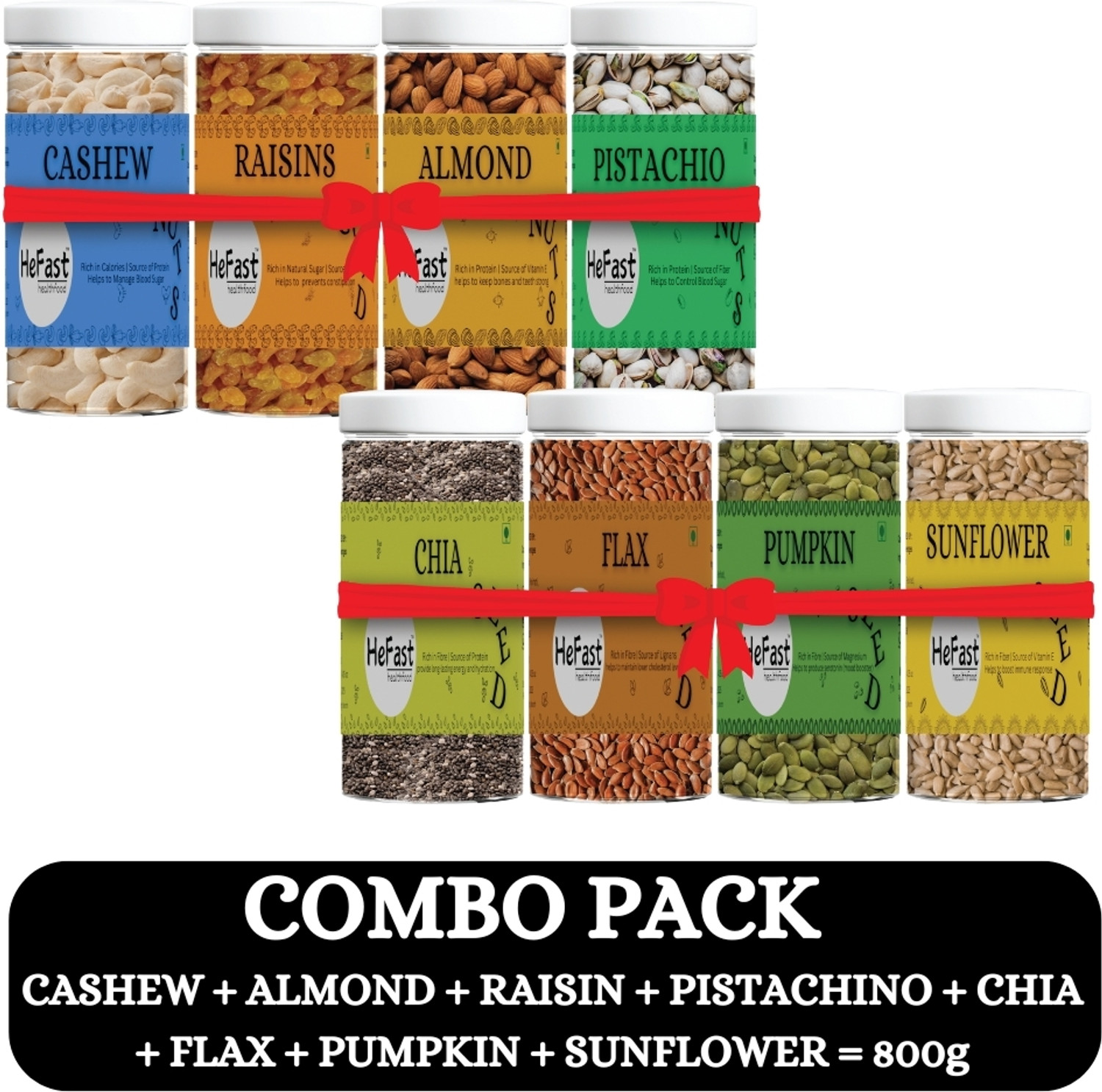 Image of HeFast Premium Dry Fruits and Seeds Combo Pack 800g - Chia, Flax, Pumpkin, Sunflower, Almonds, Cashews, Pistachios, Raisins
