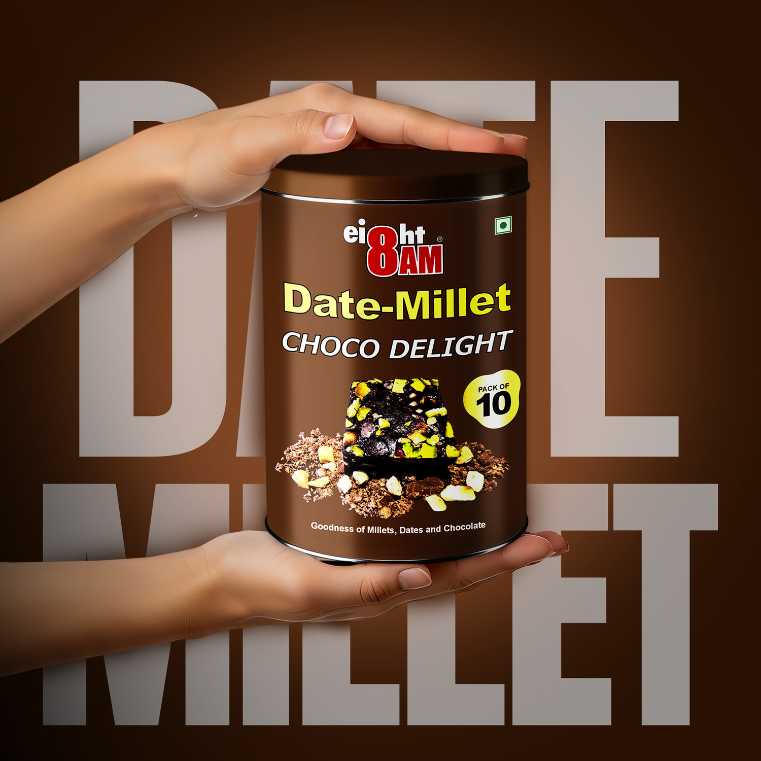 Image of 8AM Dates Millet Choco Delight Pack of 10 Made with Dates, Almonds, Cashews, Pistachios