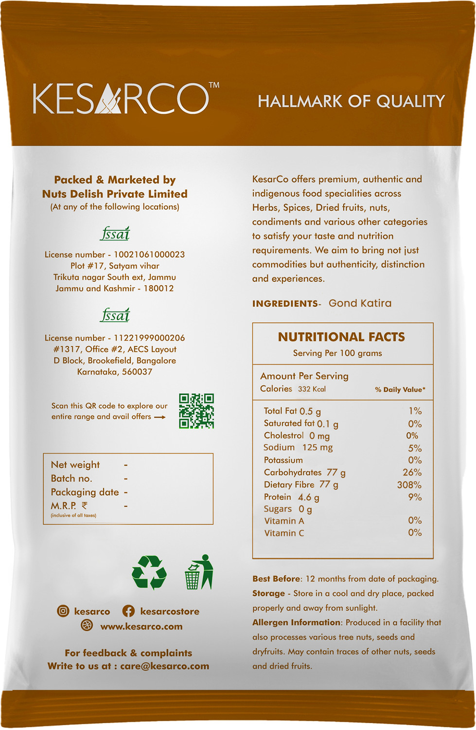 Image of KESARCO Gond Katira Pure (Edible) 500g | Tragacanth Gum | High Cooling Properties | Dried Gum