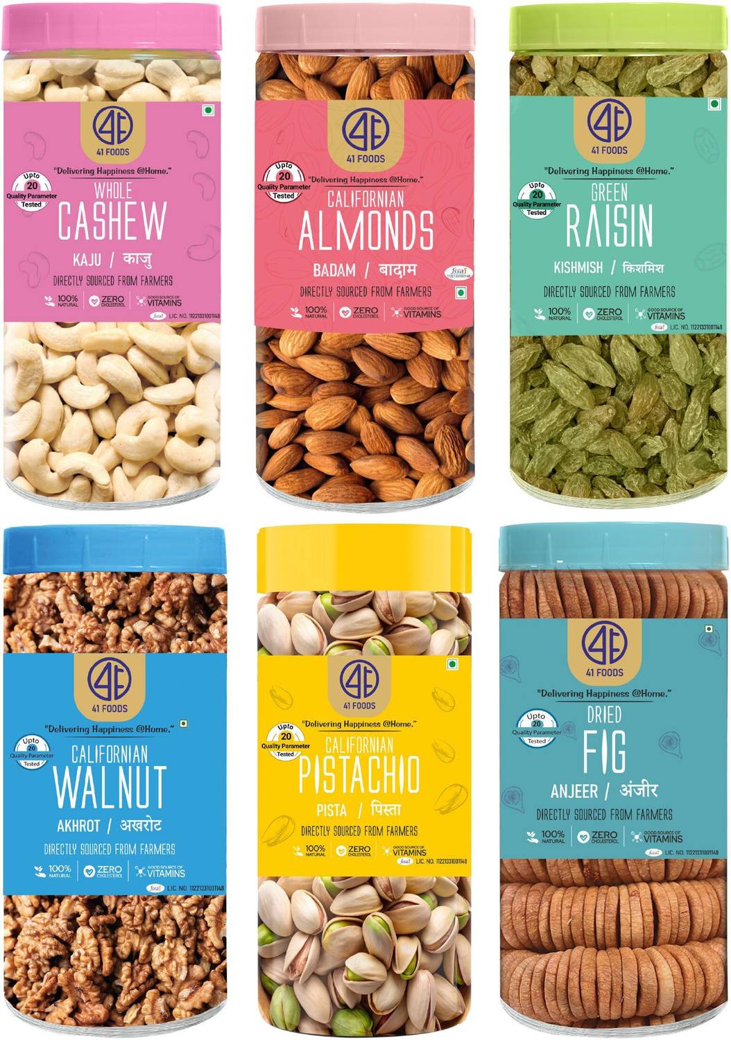 41 foods Dry Fruits Combo Pack of Healthy 6 Kaju Pista Badam Akhrot Kishmish Anjeer 1.5KG Cashews, Almonds, Pistachios, Walnuts, Raisins, Figs